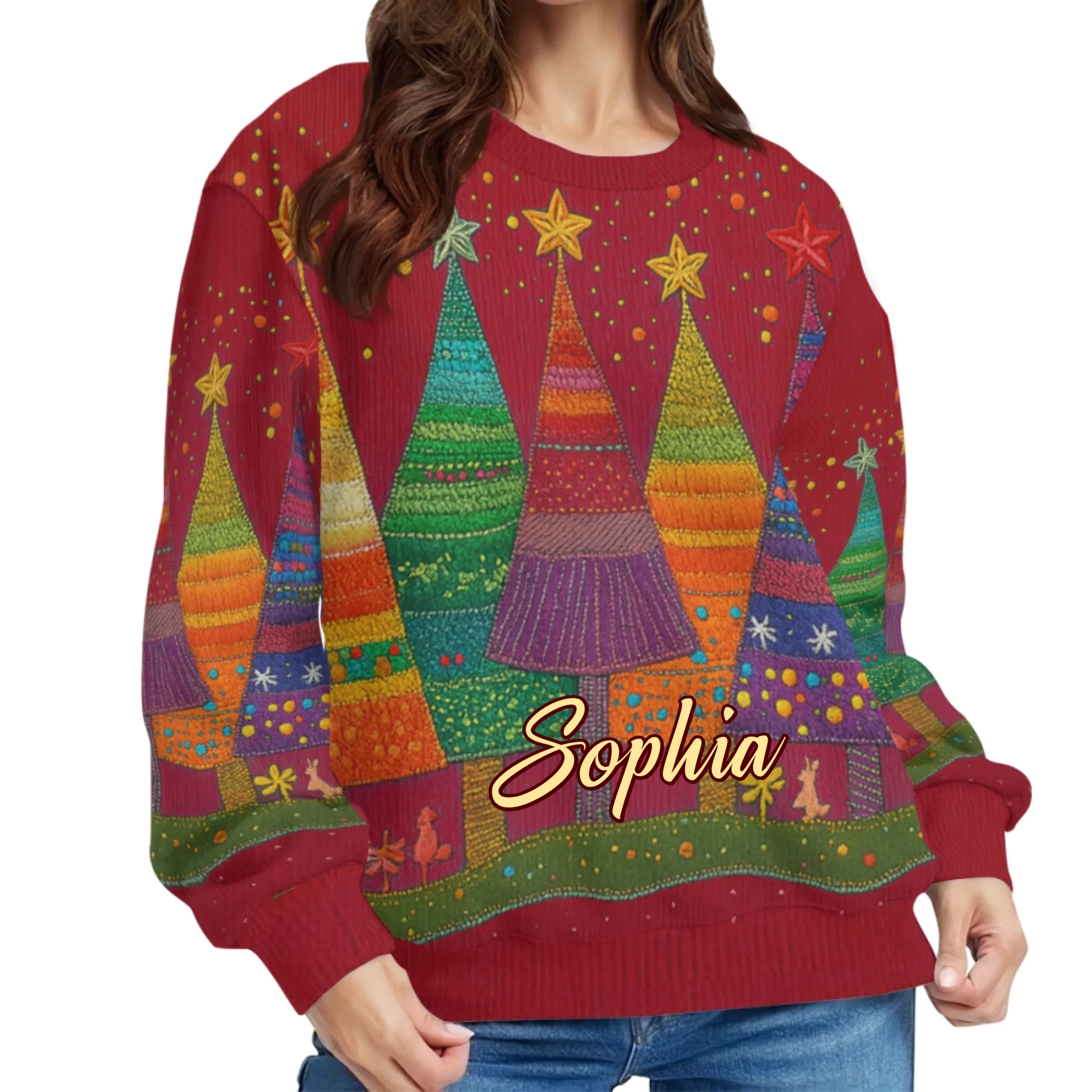 Customized Colorful Christmas Tree Ugly Sweater - Personalized Name - Christmas Gift For Friends, Family