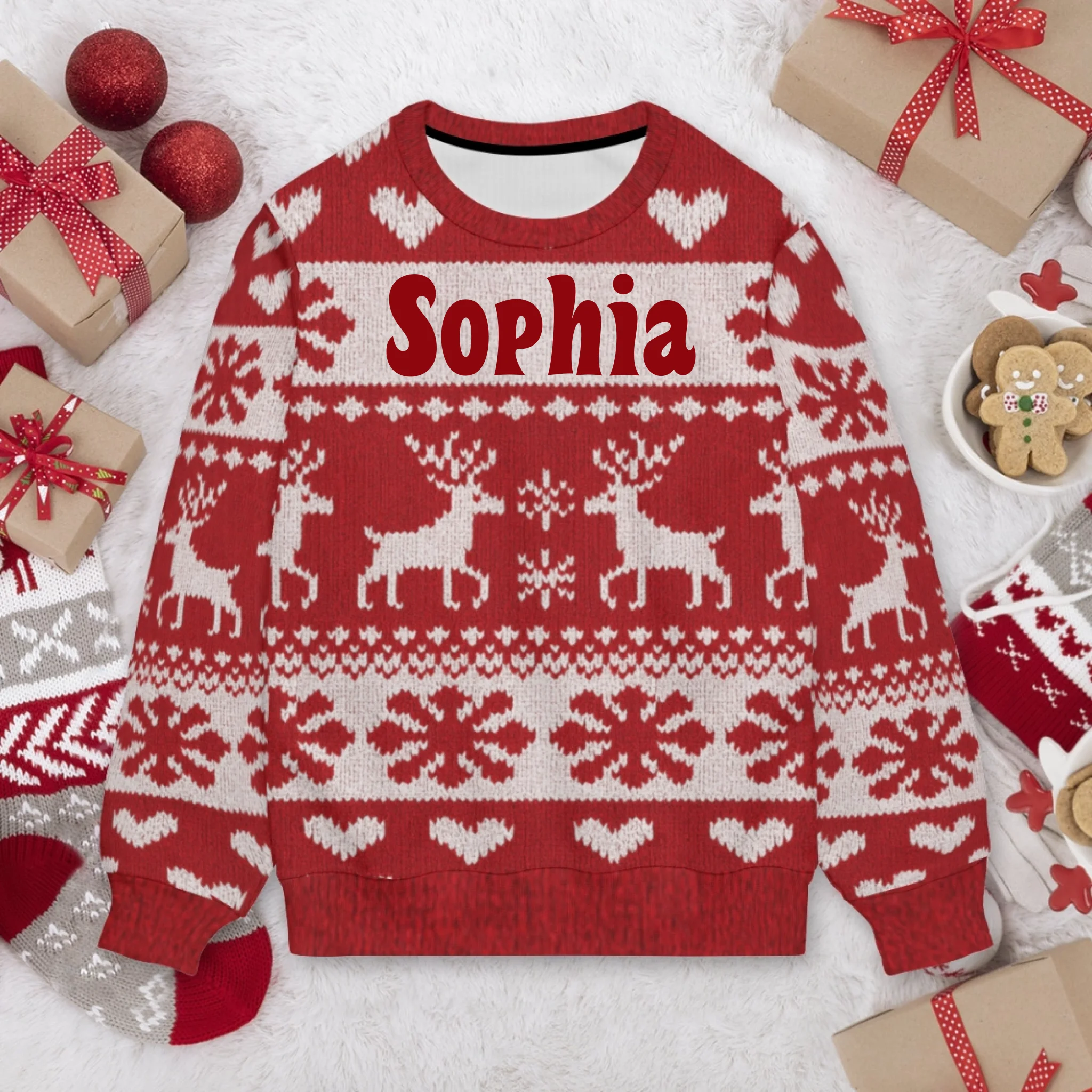 🎄Custom Christmas Reindeer Striped Sweater – Personalized Name Unisex Clothing – Christmas Gift for Couple, Him/Her