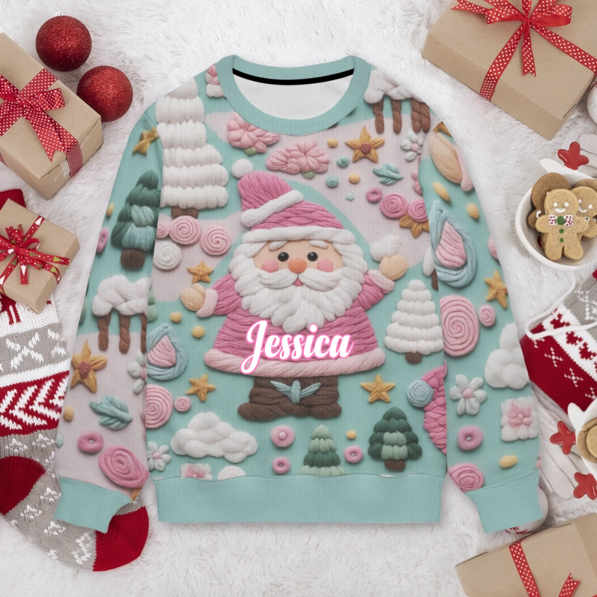 🎄Custom Merry Pastel Santa Sweater – Personalized Name Unisex Clothing – Christmas Gift for Couple, Her/Him
