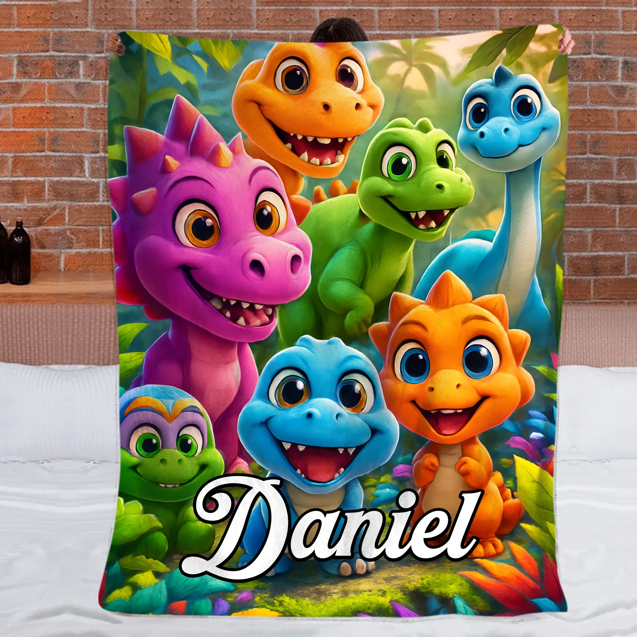 Custom Colorful Dinosaur World Blanket – Personalized Name – Gift for Kids & Teens