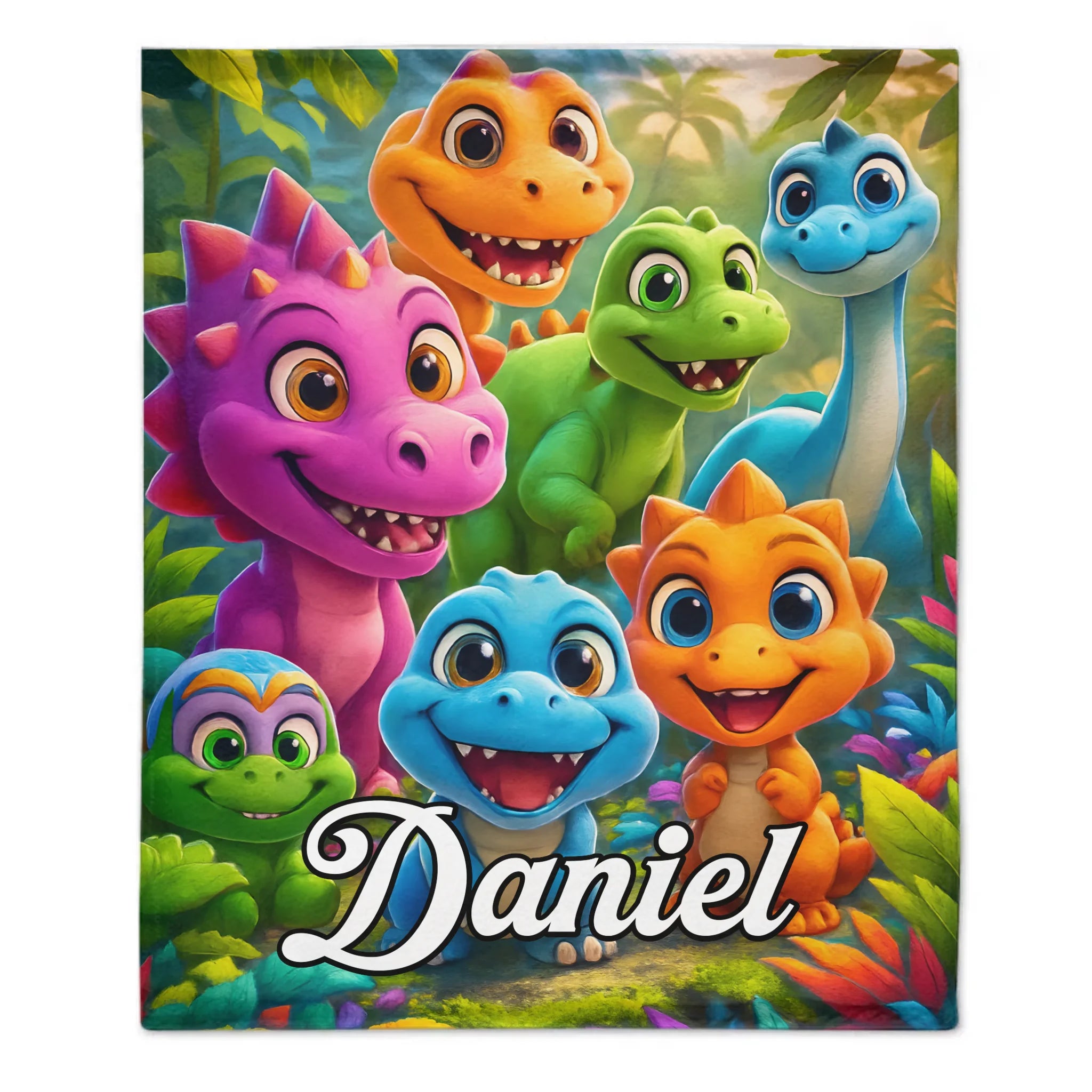 Custom Colorful Dinosaur World Blanket – Personalized Name – Gift for Kids & Teens