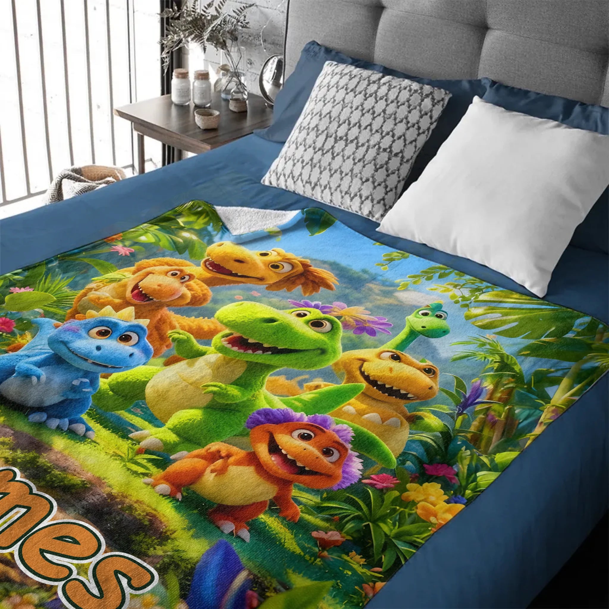 Custom Cute Dinosaur Blanket – Personalized Dino Family Throw – Gift for Kids
