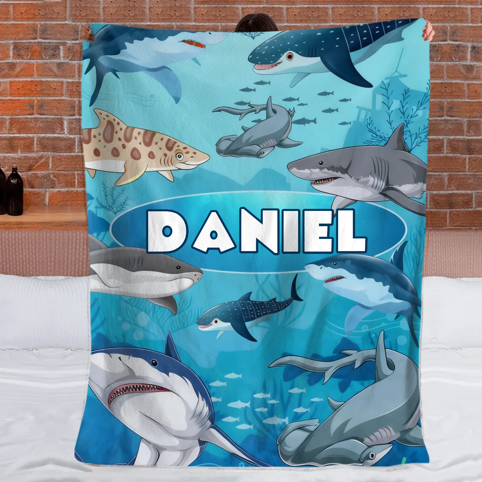 Custom Shark Blanket – Personalized Ocean Shark Throw – Gift for Kids
