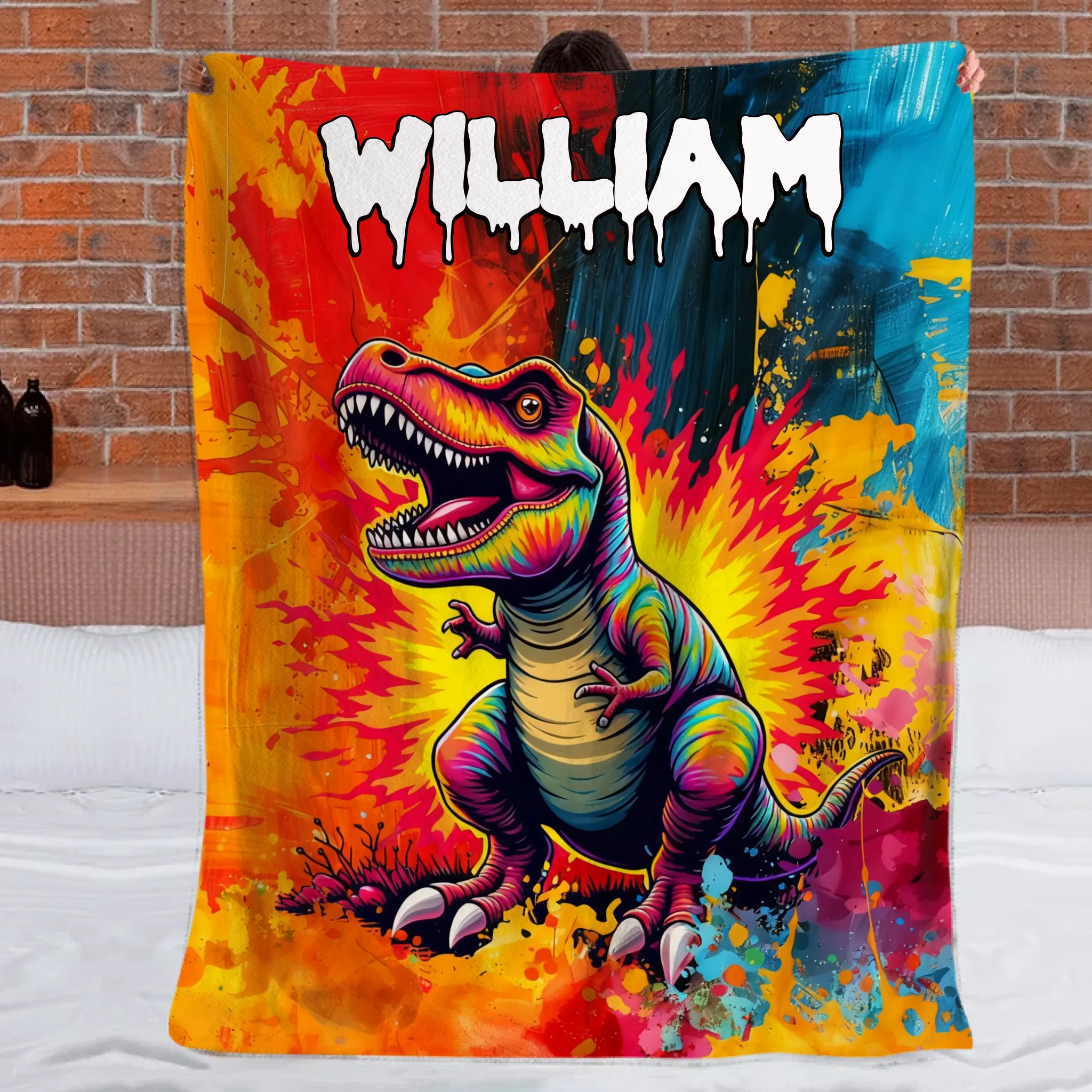 Custom Dinosaur Blanket – Personalized Graffiti T-Rex Throw – Gift for Kids and Teens