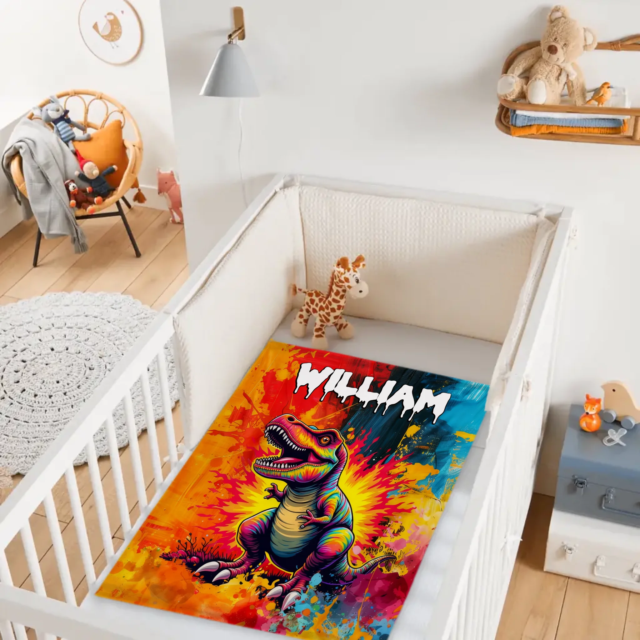 Custom Dinosaur Blanket – Personalized Graffiti T-Rex Throw – Gift for Kids and Teens