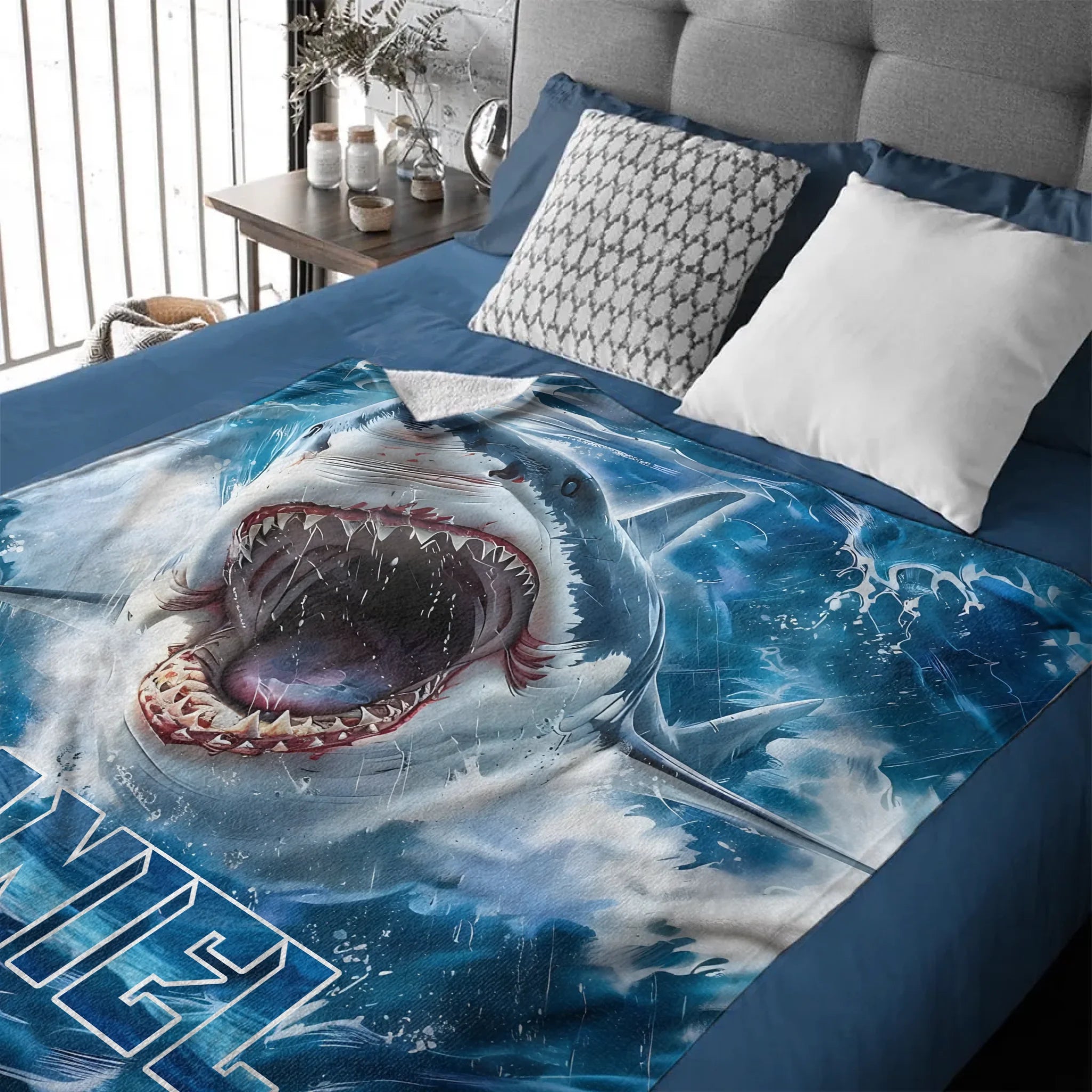 Custom Shark Blanket – Personalized Realistic Ocean Shark Throw – Gift for Boys