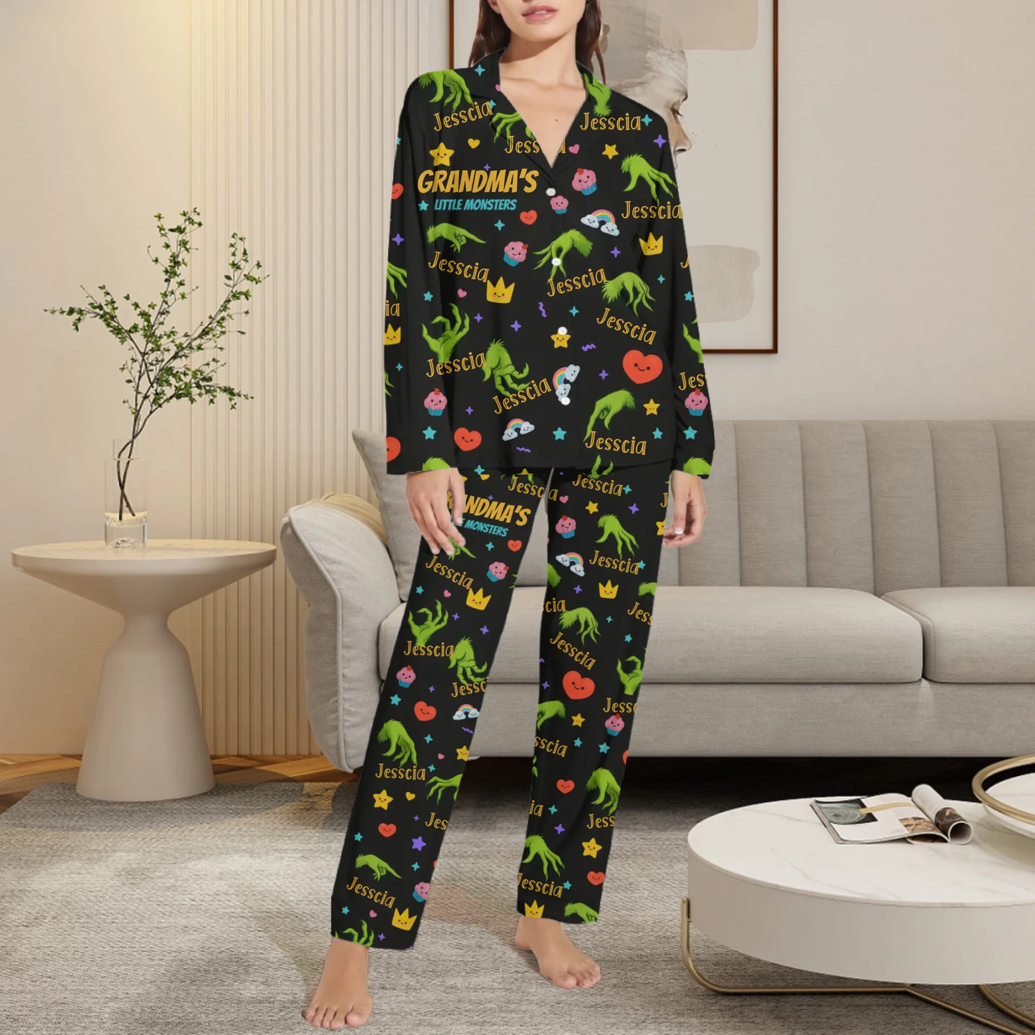 😈Grandma's Little Monster Custom Pajamas - Personalized Name - Gift For Grandparents, Family