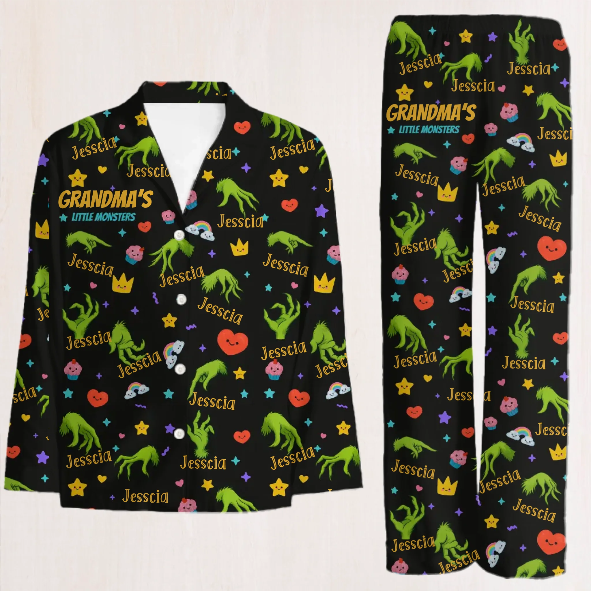 😈Grandma's Little Monster Custom Pajamas - Personalized Name - Gift For Grandparents, Family