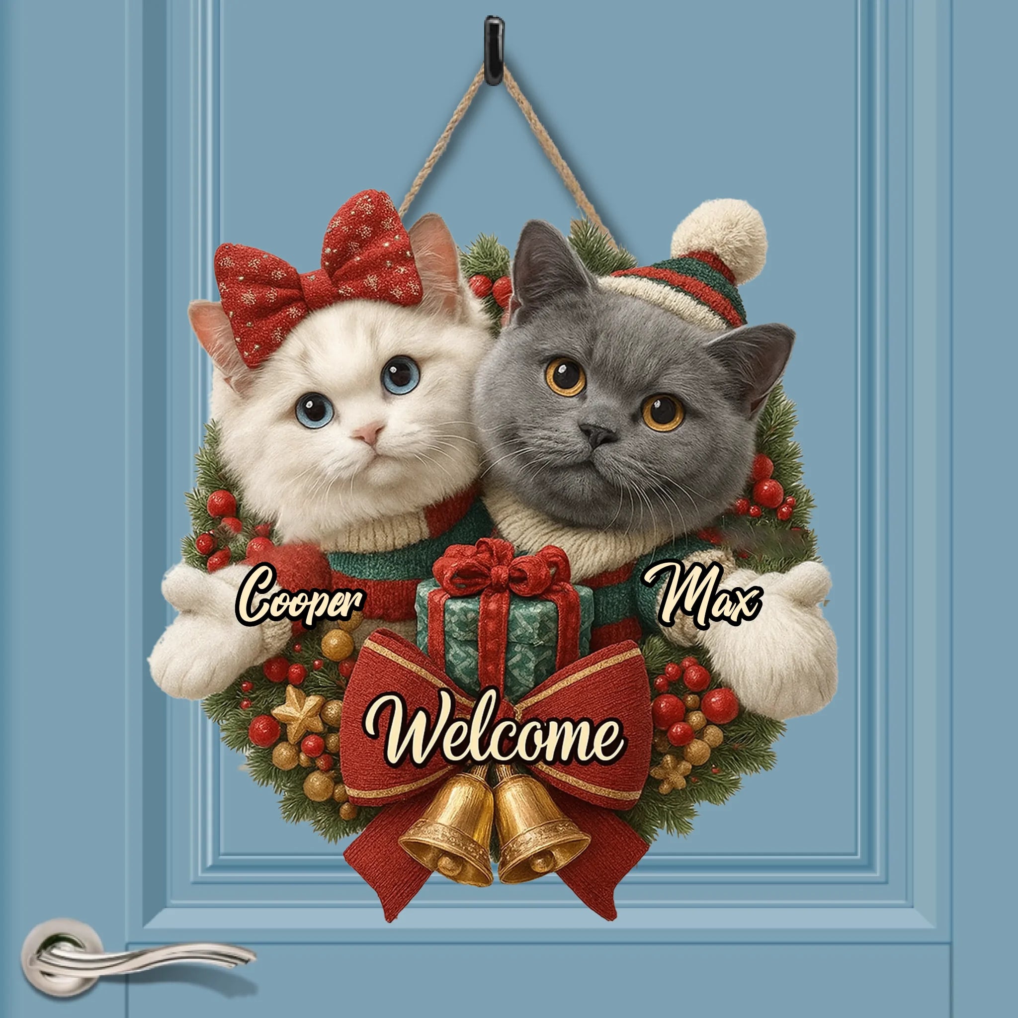 Customized Pet Christmas Wreath Wooden Door Sign - Personalized Pet Pattern And Names - Christmas Decorative Doorplate