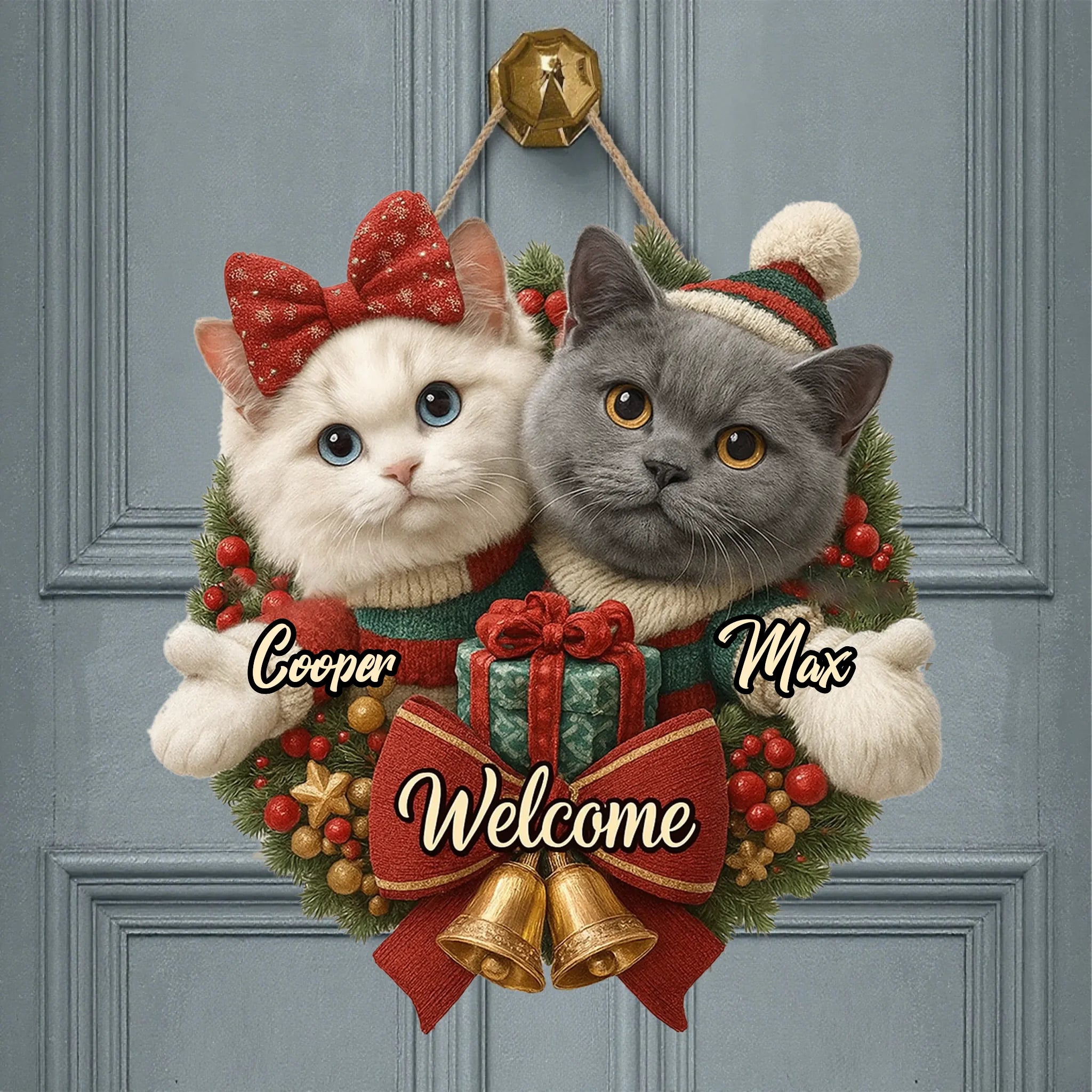 Customized Pet Christmas Wreath Wooden Door Sign - Personalized Pet Pattern And Names - Christmas Decorative Doorplate