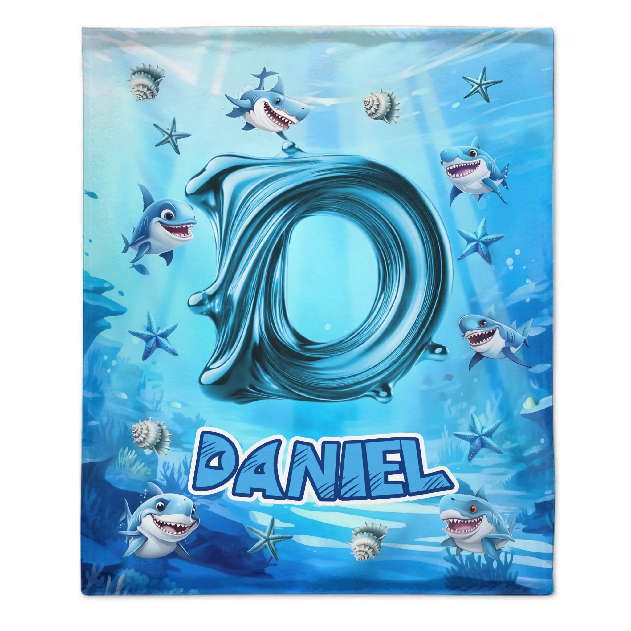Custom Shark Blanket – Personalized Initial and Name Ocean Blanket – Gift for Kids