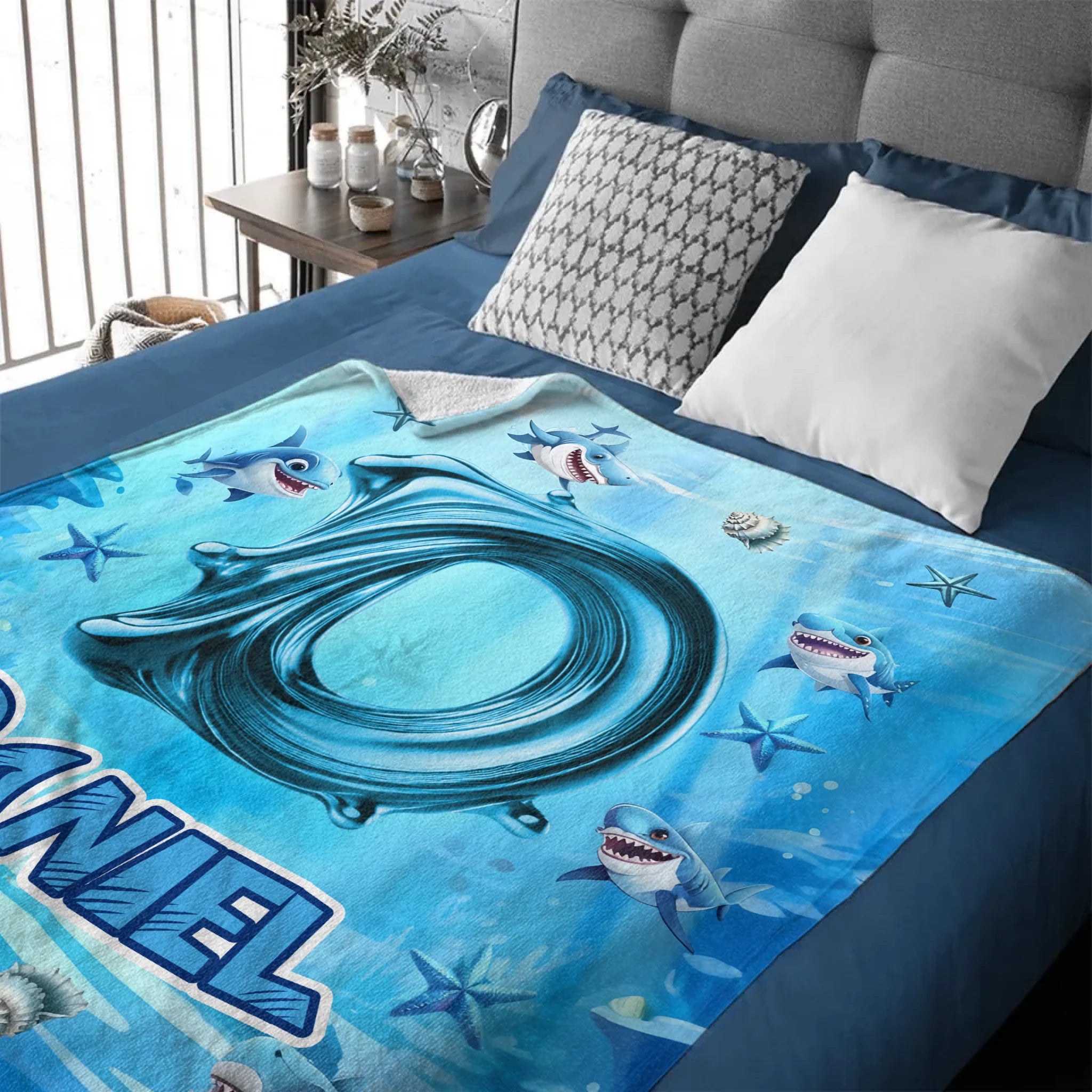 Custom Shark Blanket – Personalized Initial and Name Ocean Blanket – Gift for Kids
