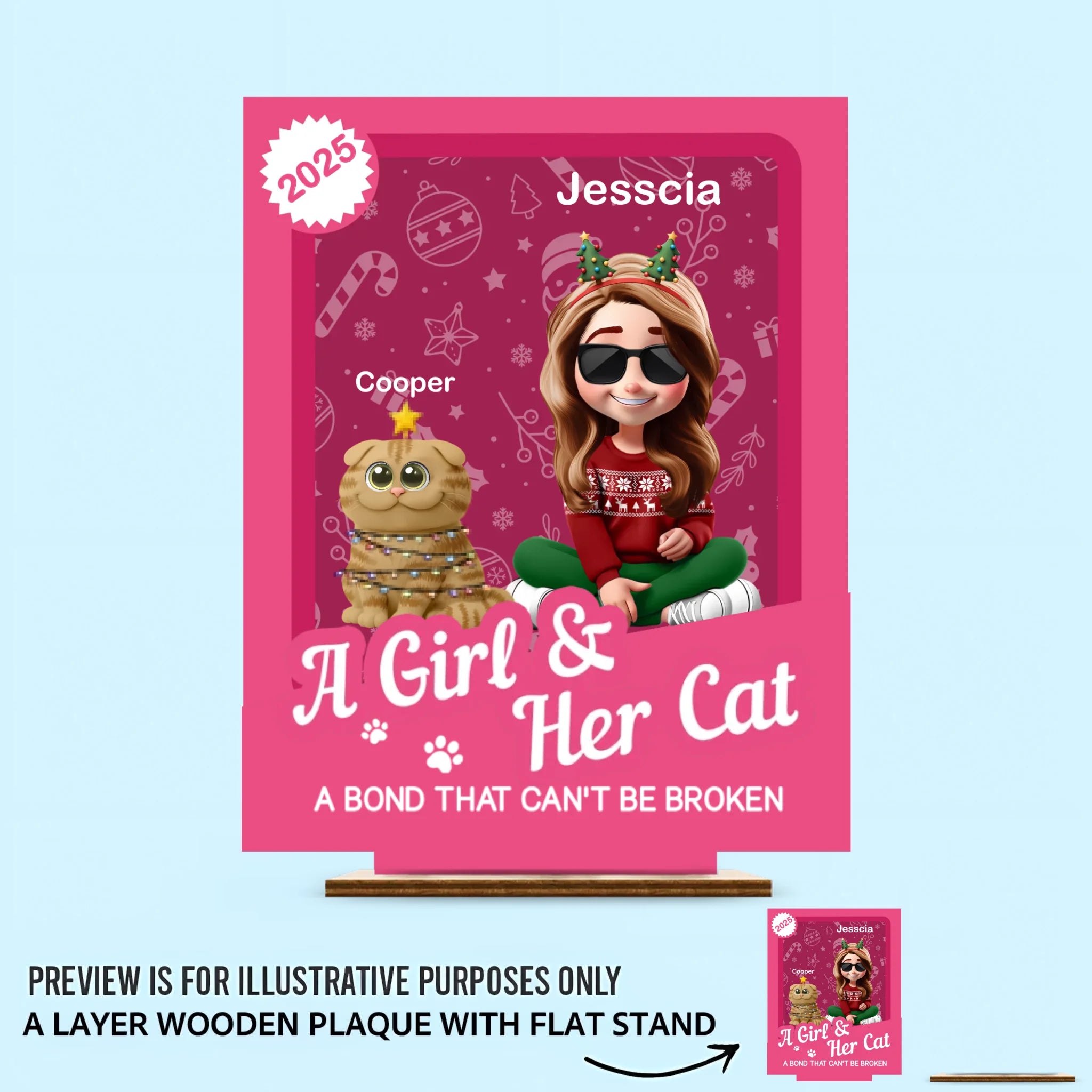A Girl/Boy & Her/His Cats Has Unbreakable Bond Custom Wooden Ornaments- Personalized Cartoon Characters Wooden Plaque - Christmas Gift For Cat Lovers