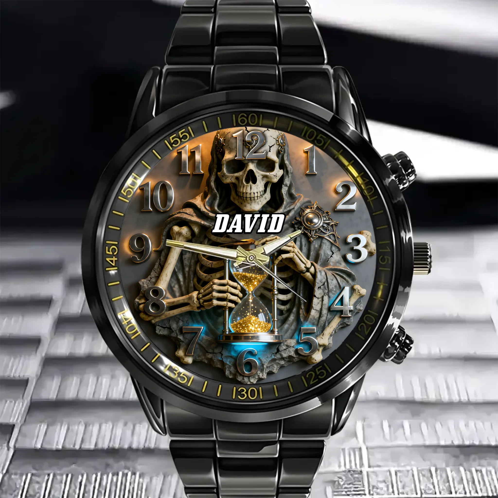 Custom Golden Hourglass Skull Watch - Personalized Name - Special Personalized Gift