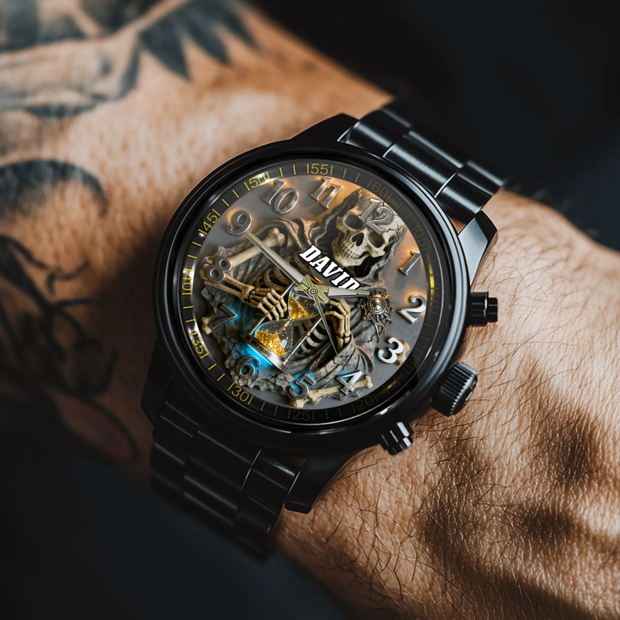 Custom Golden Hourglass Skull Watch - Personalized Name - Special Personalized Gift