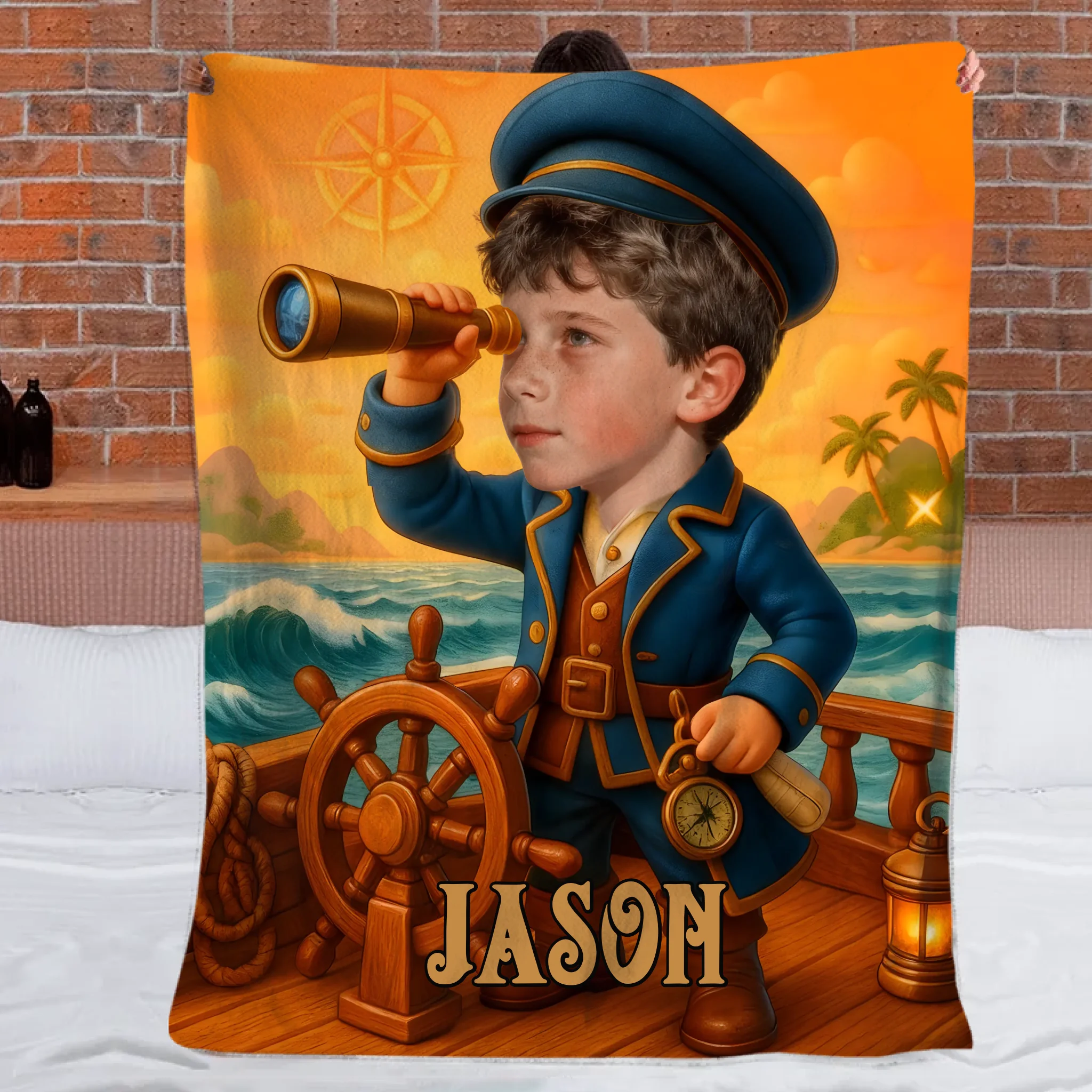 Custom Captain Adventure Blanket – Personalized Nautical Throw – Gift for Kids