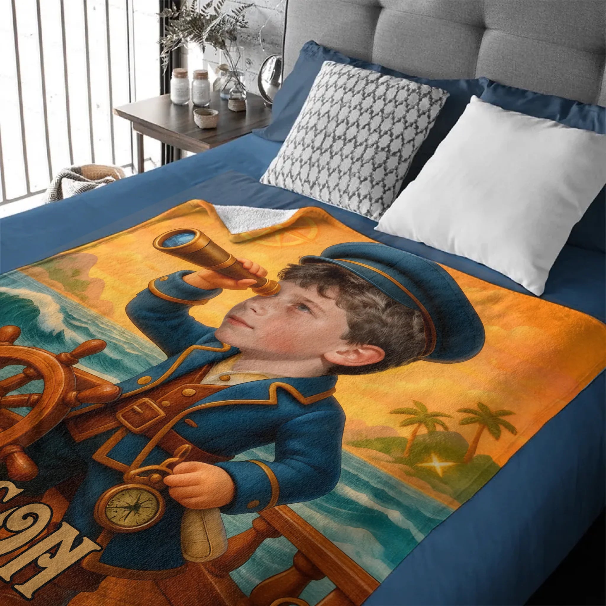 Custom Captain Adventure Blanket – Personalized Nautical Throw – Gift for Kids