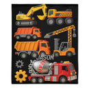 Custom Construction Vehicles Blanket – Personalized Construction Trucks Throw (Custom Name) – Gift for Kids & Toddlers