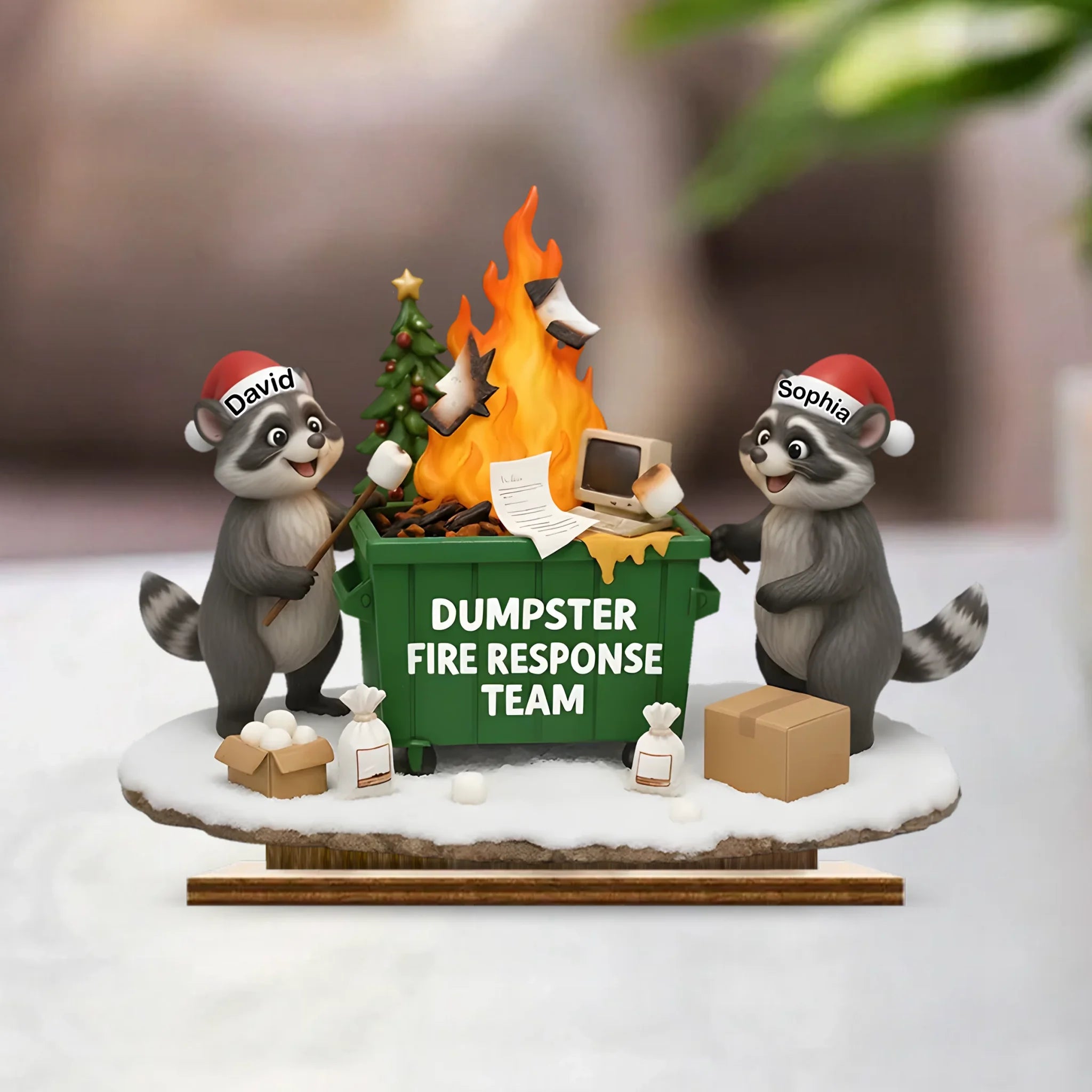 Funny Raccoon Dumpster on Fire Response Team Customized Wooden Ornaments - Personalized Names Wooden Plaque - Funny Holiday Gift for Coworkers