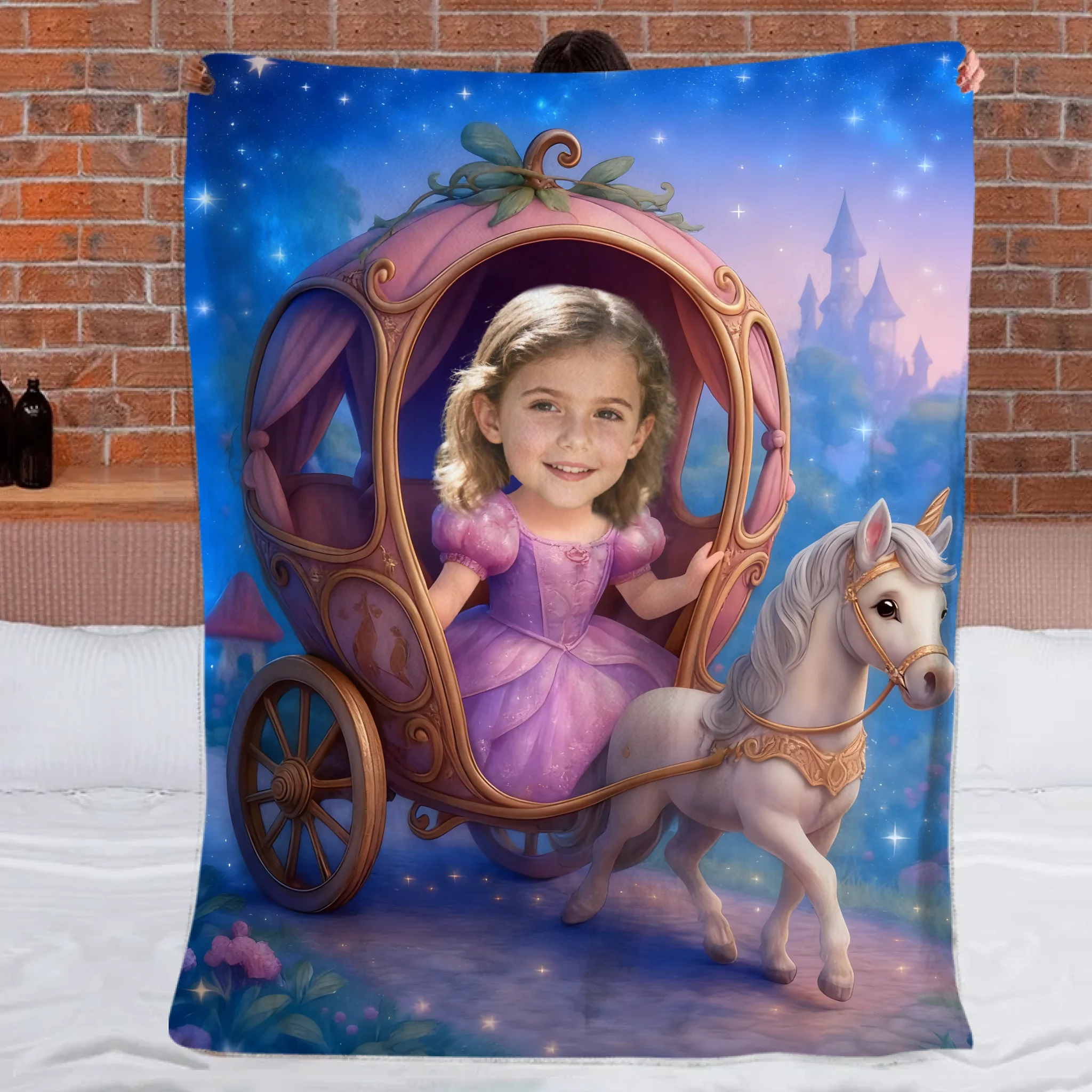 Custom Princess Face Blanket – Personalized Fairy Carriage Photo Throw