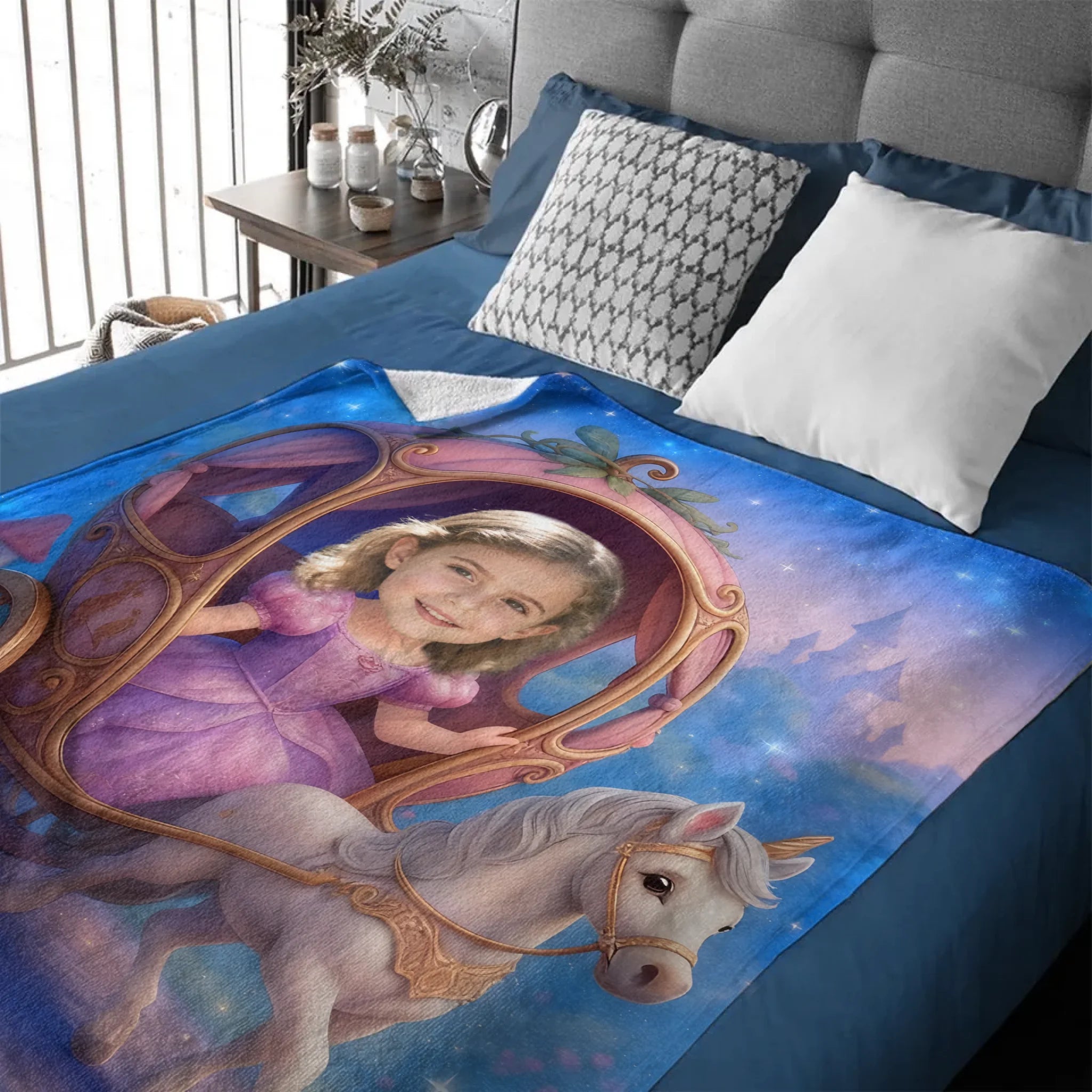 Custom Princess Face Blanket – Personalized Fairy Carriage Photo Throw
