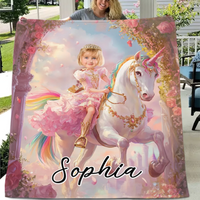 Customized Unicorn Princess Blanket - Personalized Name and Photo Soft Flannel Blanket - A Gift For Daughters, Girls