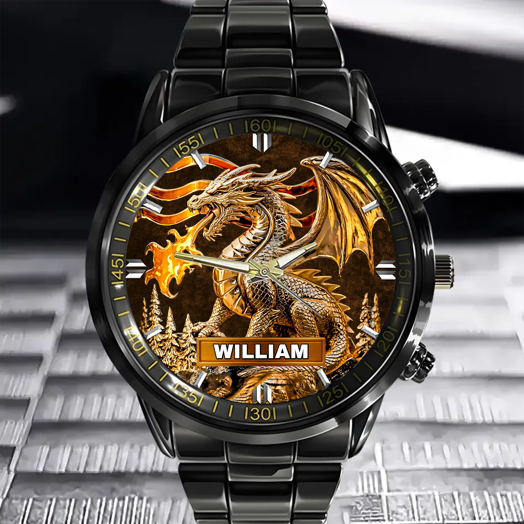 Custom Golden Flame Dragon Watch - Personalized Name - Gift For Dragon Lovers