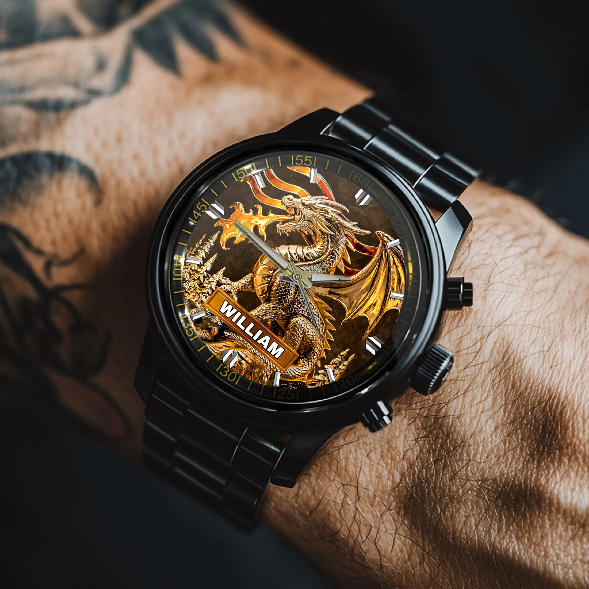 Custom Golden Flame Dragon Watch - Personalized Name - Gift For Dragon Lovers
