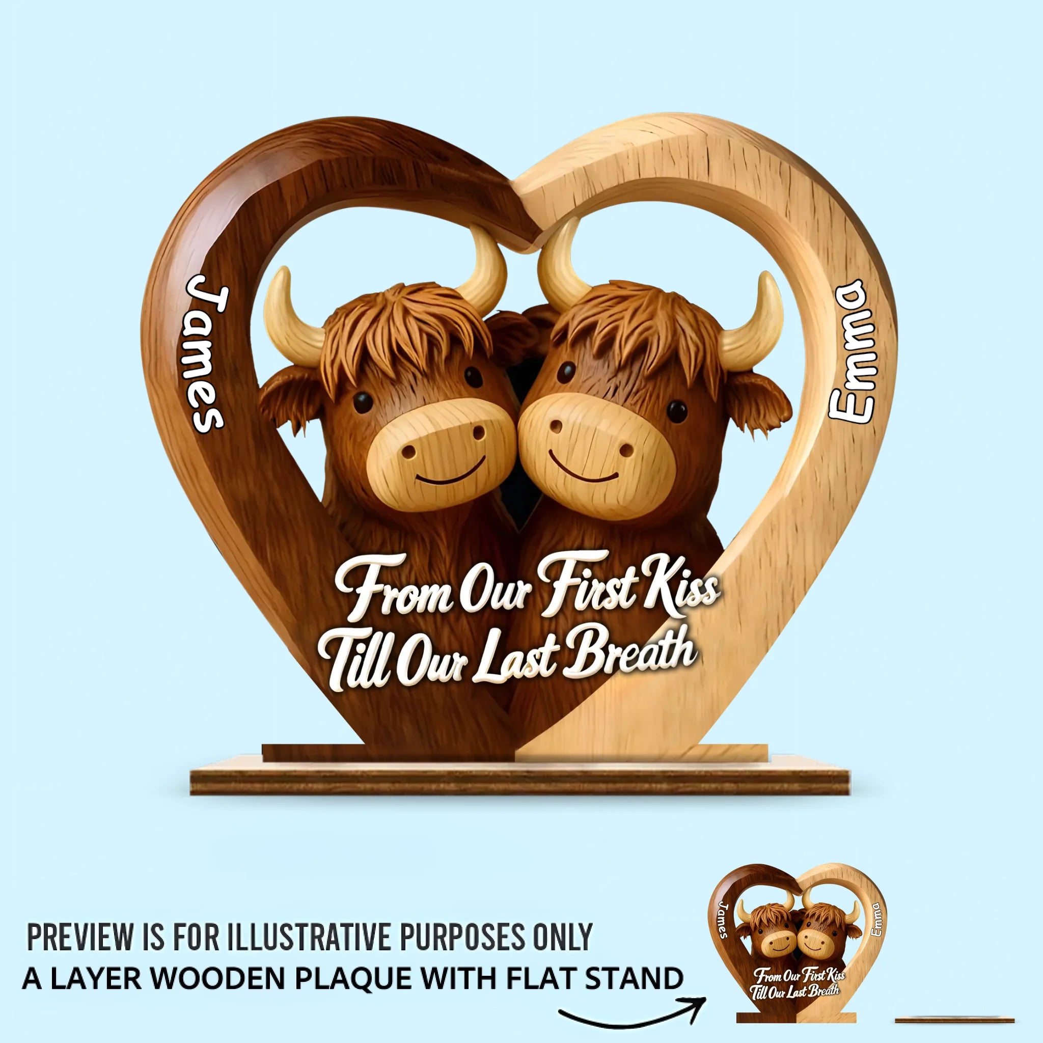 Forever Us Highland Cow Customized Wooden Plaque – Personalized Name And Quote - Gift For Couples