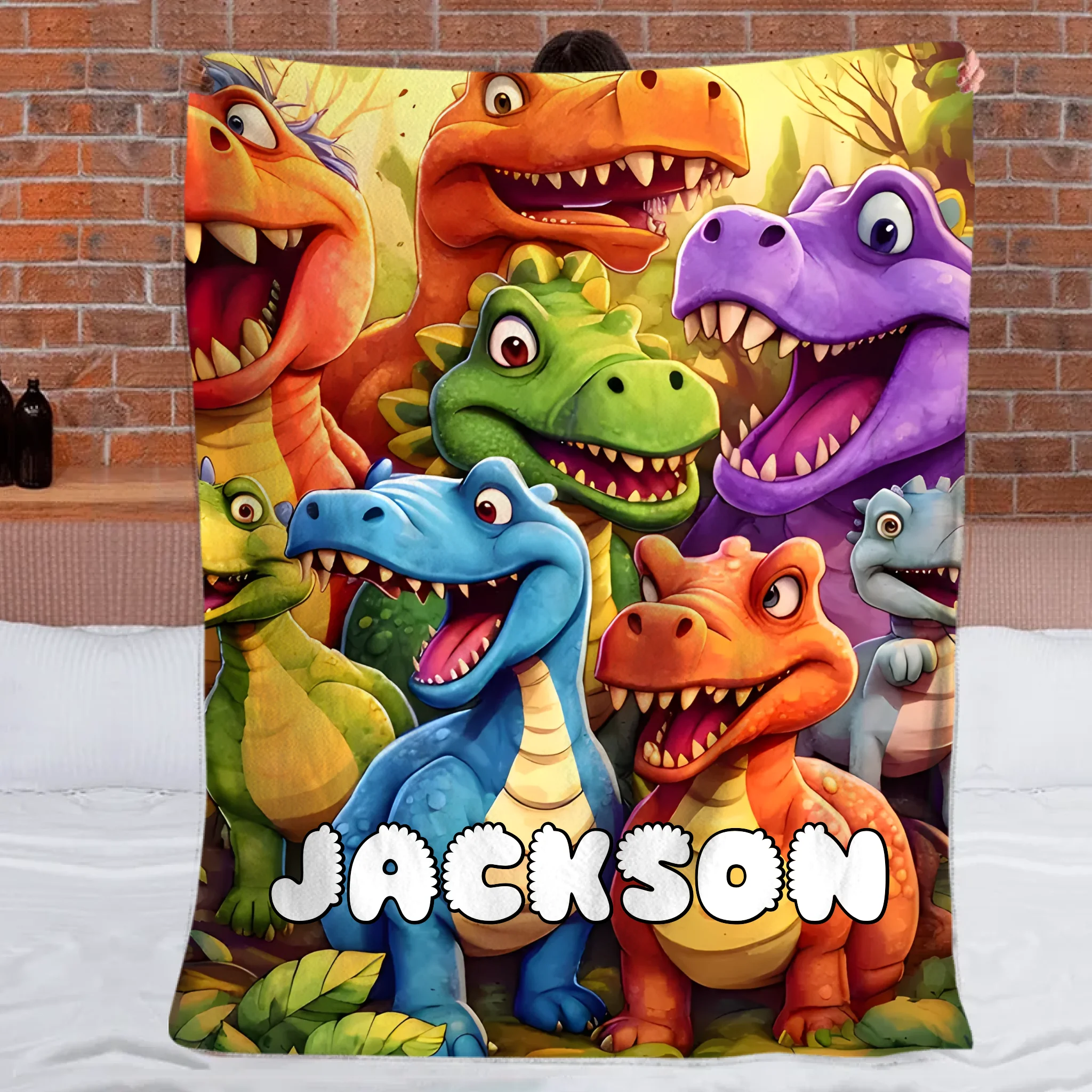 Customized Cute Dinosaur Blanket - Personalized Name - Gift For Kids, Children