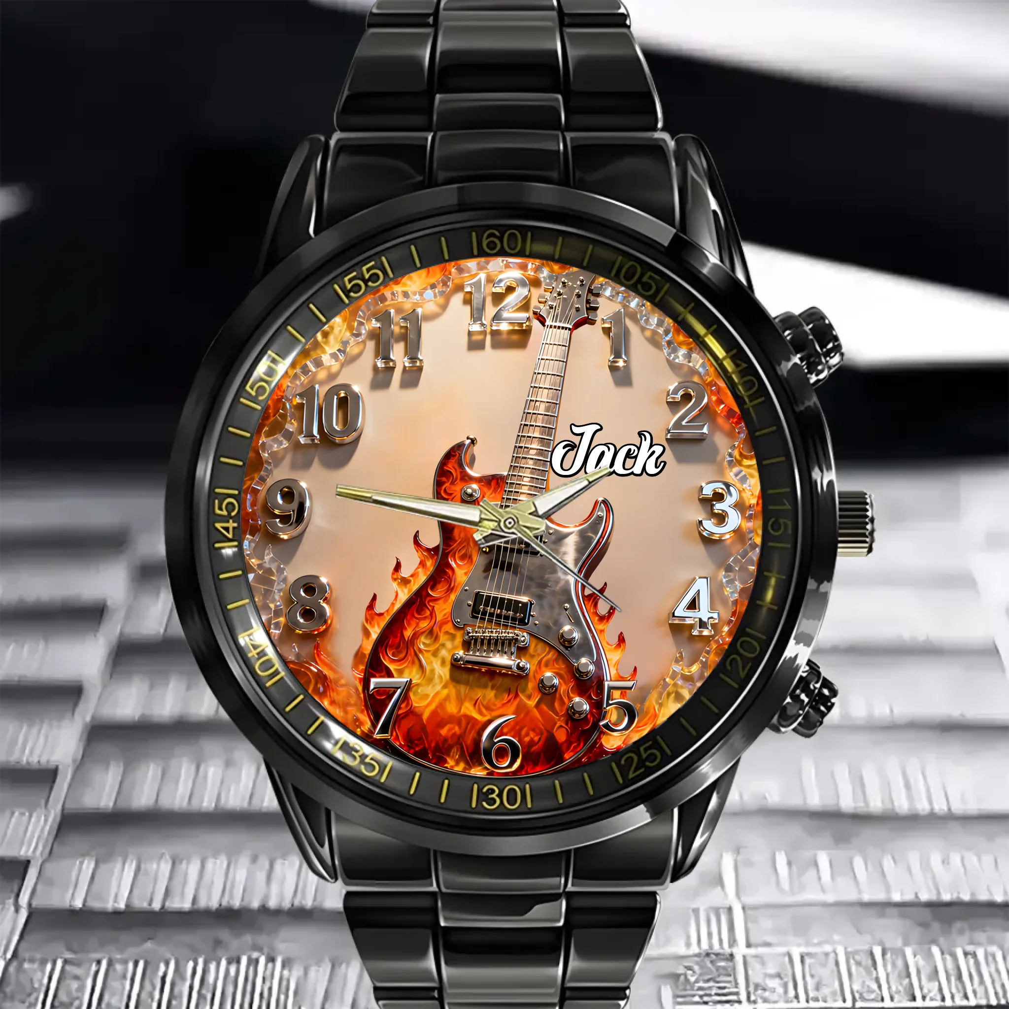Flaming Electric Guitar Customized Watch – Personalized Name - Gift For Guitar Lovers