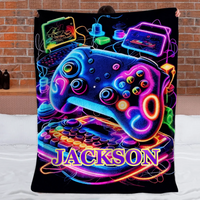 Neon Gaming Controller Custom Blanket - Personalized Name - Gifts for E-sports Player, Game Enthusiasts