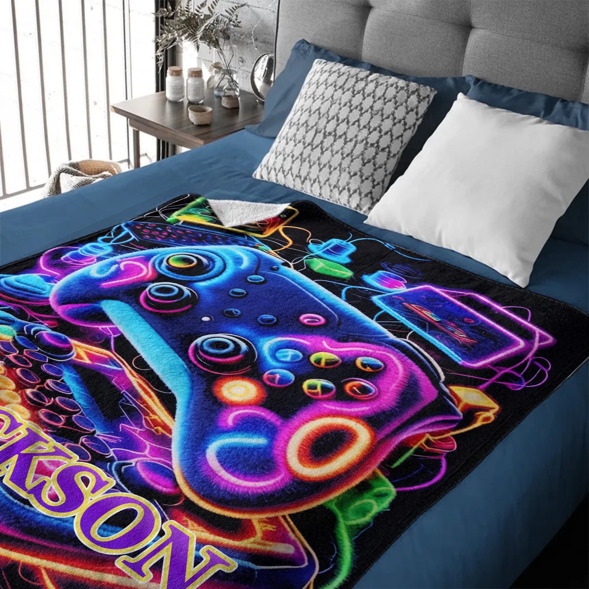 Neon Gaming Controller Custom Blanket - Personalized Name - Gifts for E-sports Player, Game Enthusiasts