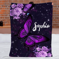 Purple Butterfly Flower Custom Blanket - Personalized Name - Gifts for Girl, Woman