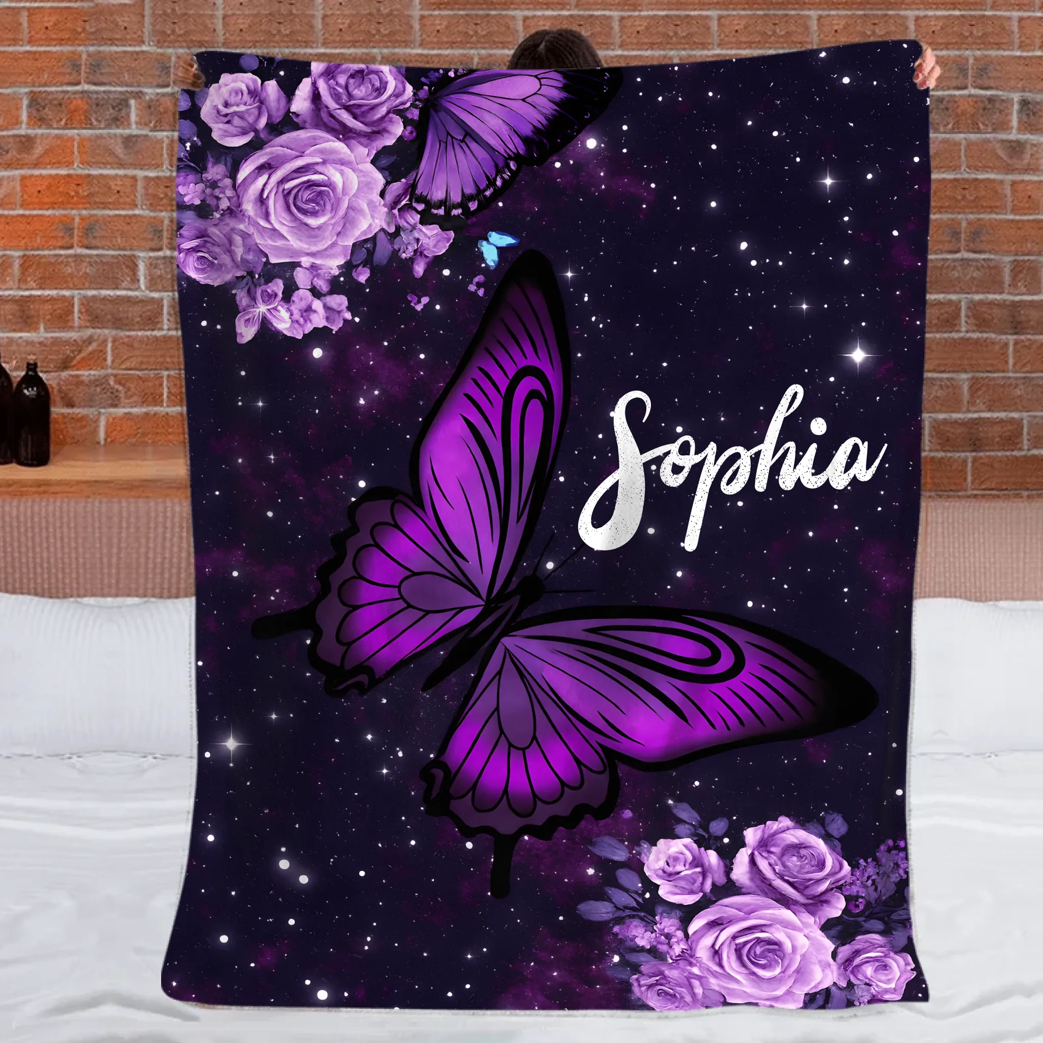 Purple Butterfly Flower Custom Blanket - Personalized Name - Gifts for Girl, Woman