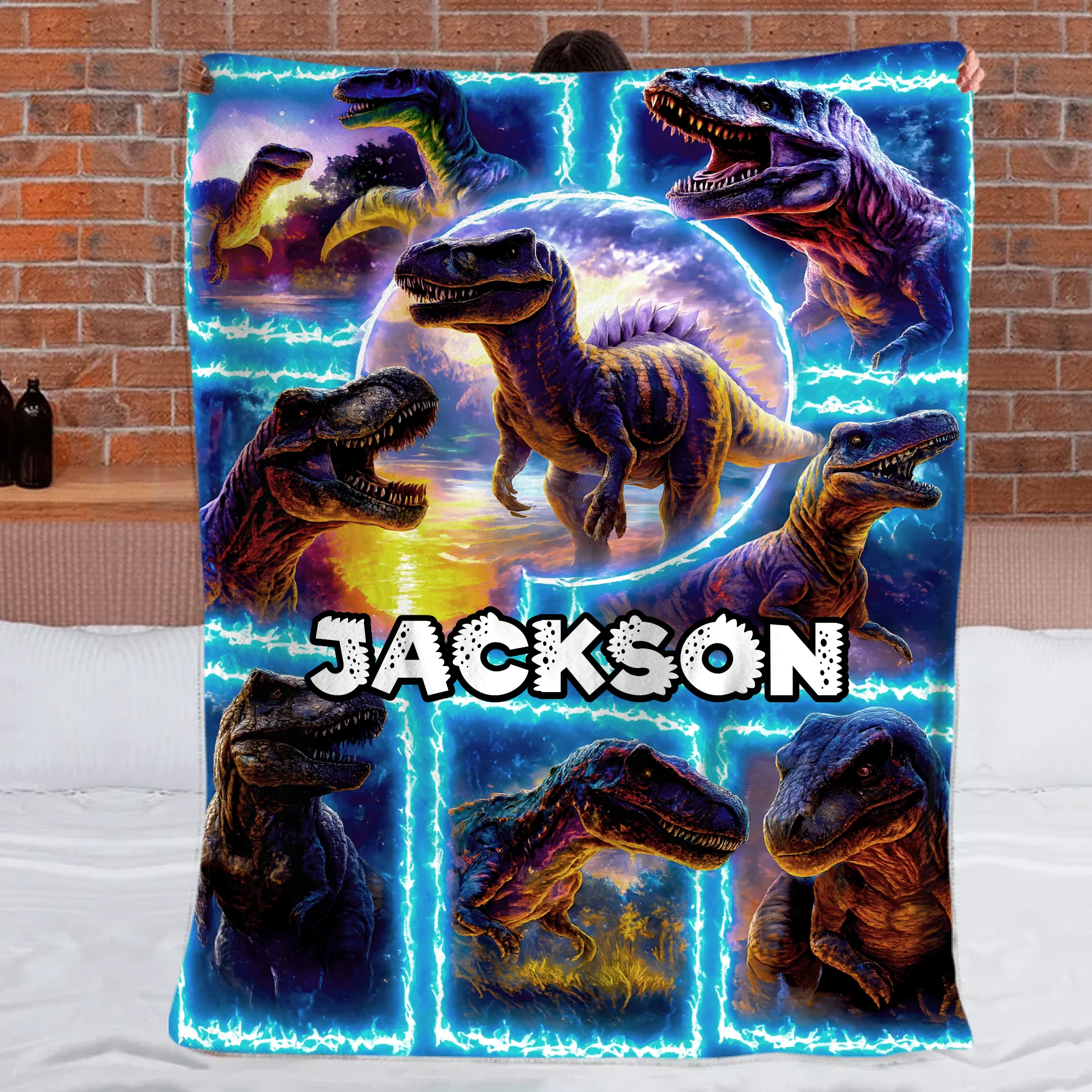Customized Dinosaur Blue Flame Splice Print Blanket - Personalized Name - Gifts For Kids, Dinosaur Lovers