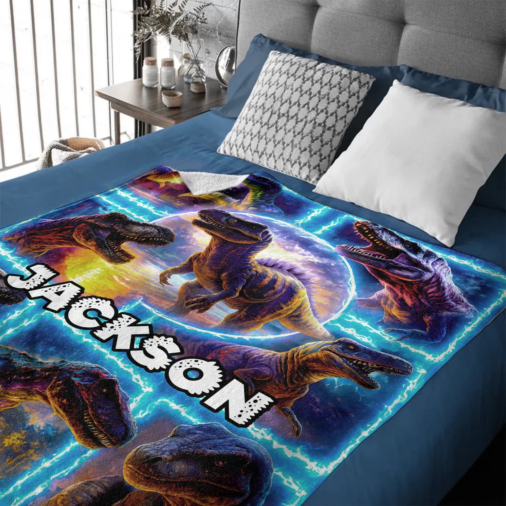 Customized Dinosaur Blue Flame Splice Print Blanket - Personalized Name - Gifts For Kids, Dinosaur Lovers