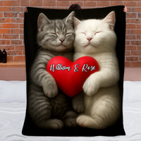 Romantic Love Cat Pattern Customized Blanket - Personalized Name - Gifts For Couple, Cat Lovers, Cat Owners