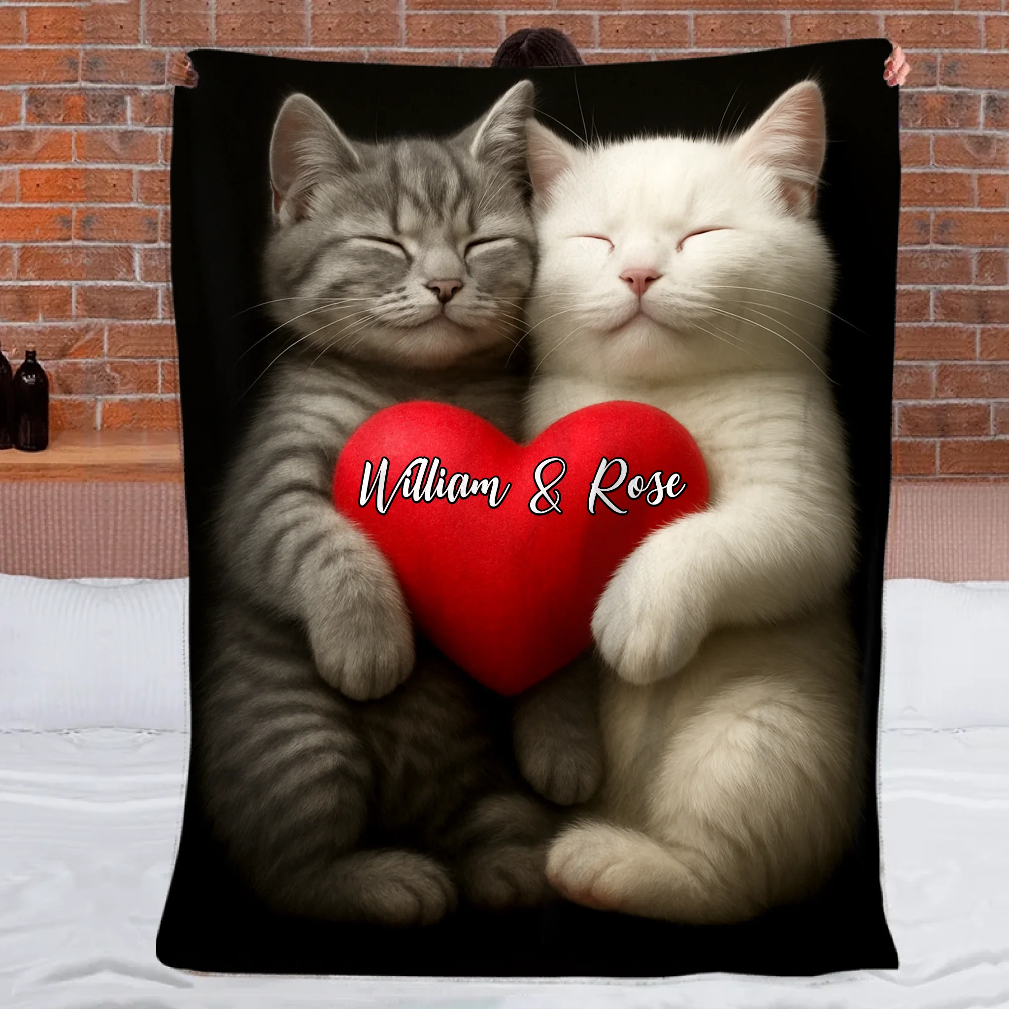 Romantic Love Cat Pattern Customized Blanket - Personalized Name - Gifts For Couple, Cat Lovers, Cat Owners