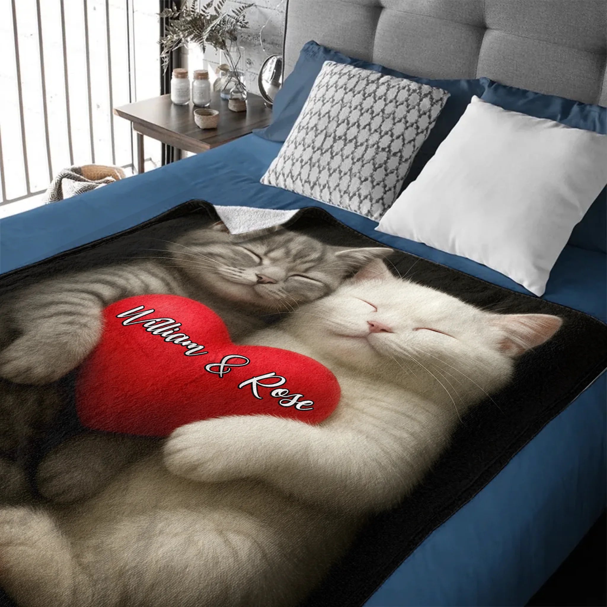 Romantic Love Cat Pattern Customized Blanket - Personalized Name - Gifts For Couple, Cat Lovers, Cat Owners