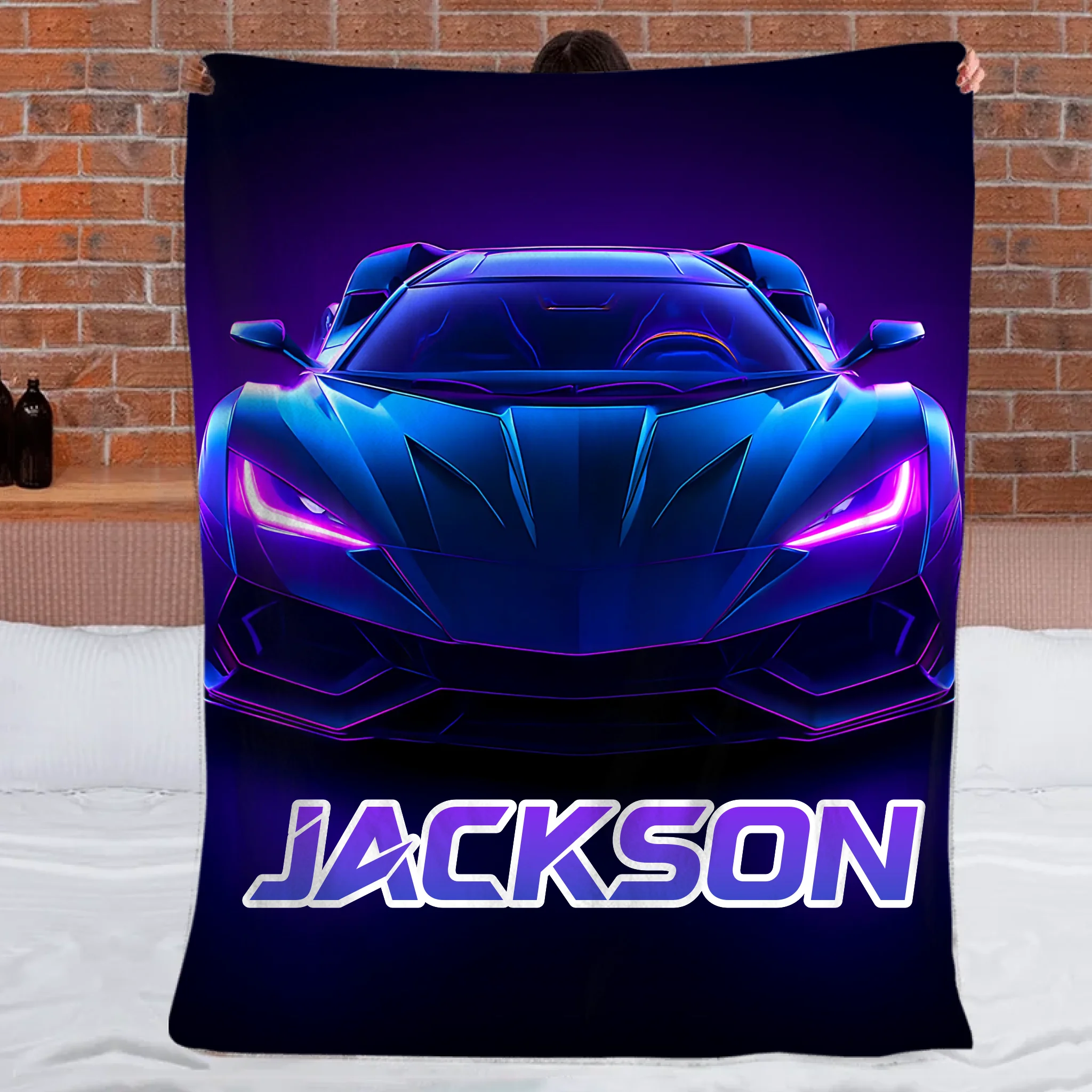 Neon Purple Car Customized Blanket - Personalized Name - Gifts For Racing, Car Lovers