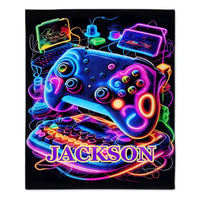 Neon Gaming Controller Custom Blanket - Personalized Name - Gifts for E-sports Player, Game Enthusiasts