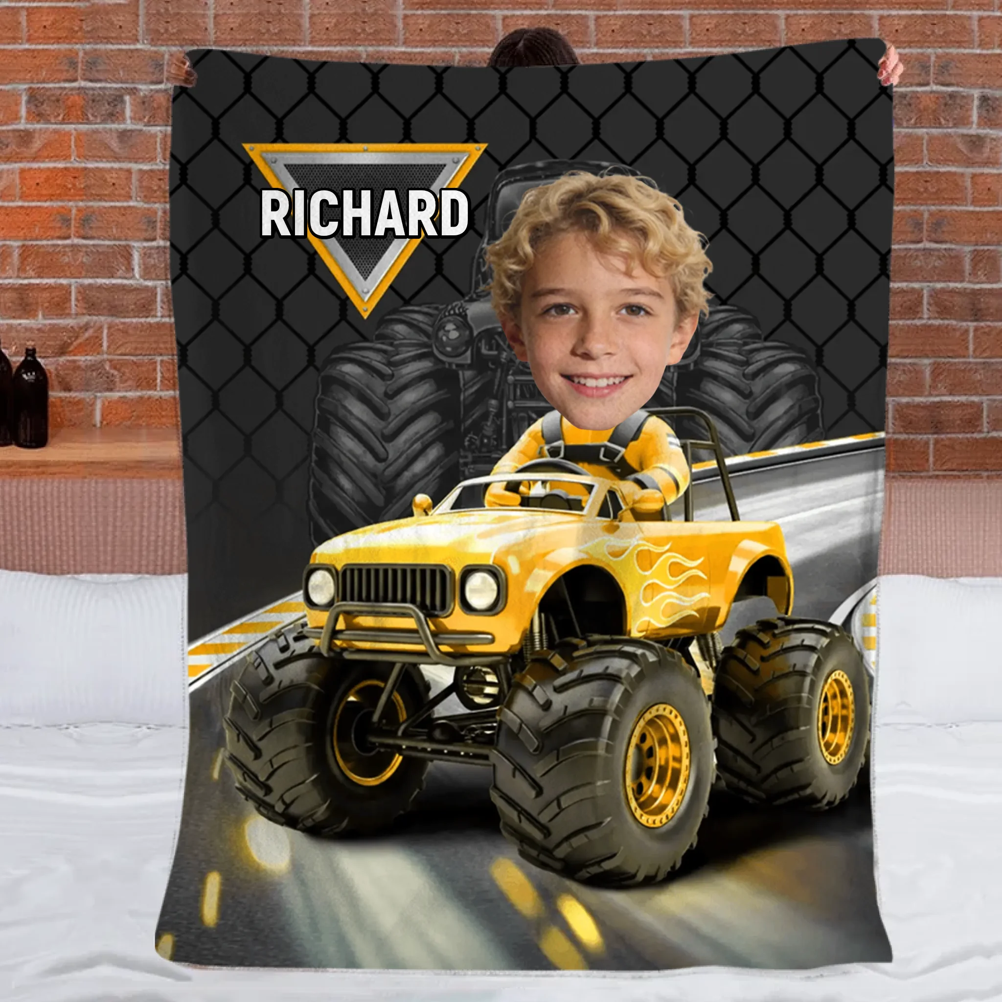 Monster Truck Customized Blanket – Personalized Photo and Name – Gift for Kids, Children