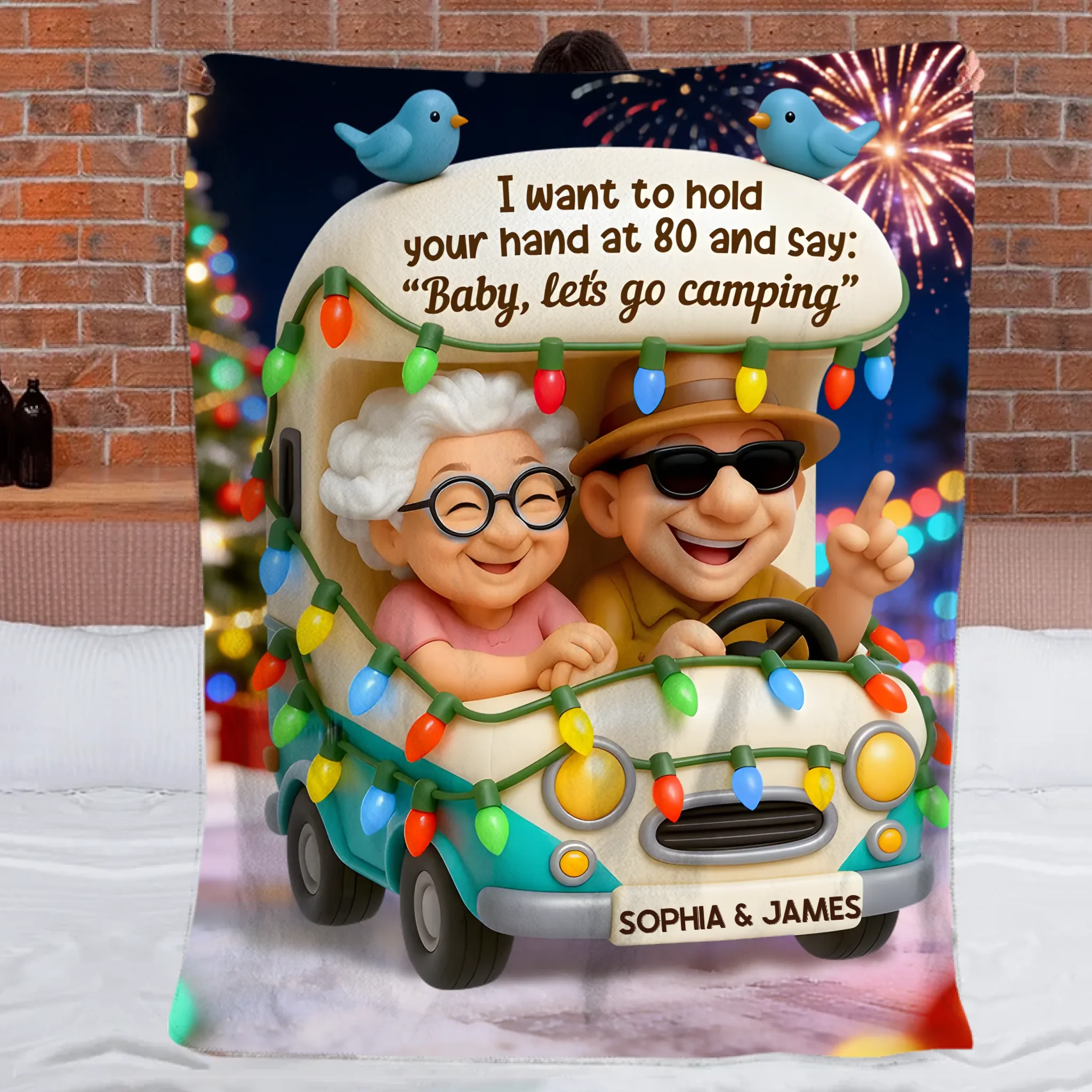 Baby Let's Go Camping Customized Old Couple Blanket - Personalized Name - Gift For Him / Her, Couples