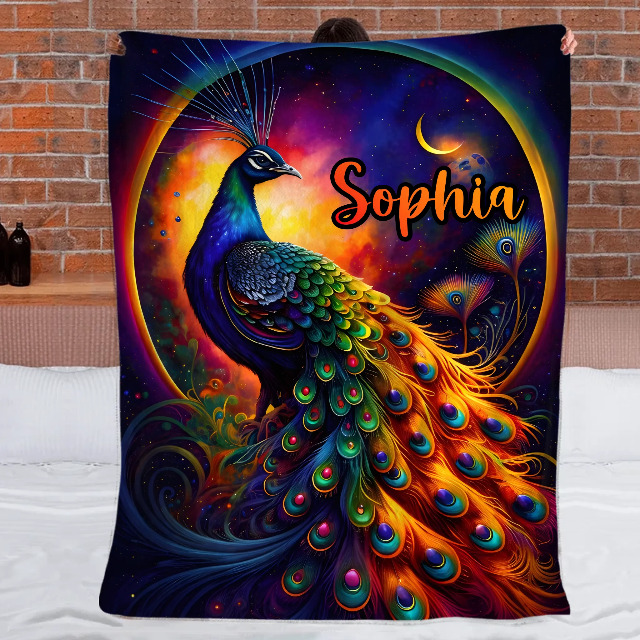 Colorful Peacock Art Customized Blanket – Personalized Name Blanket - Artistic Home Decor Gift For Peacock Enthusiast