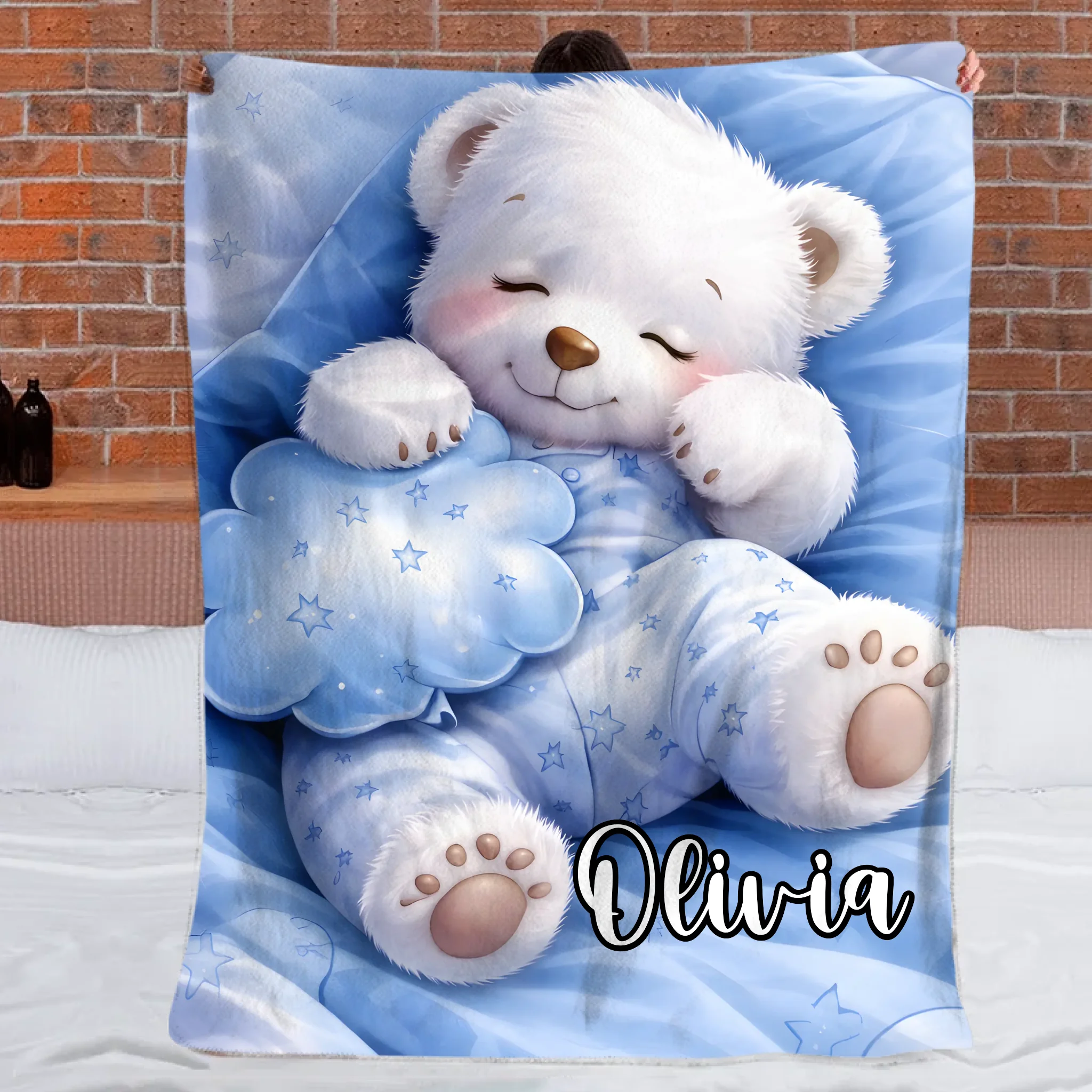 Adorable White Bear Custom Blanket – Personalized Name - Gift For Bear Lover, Children, Kids