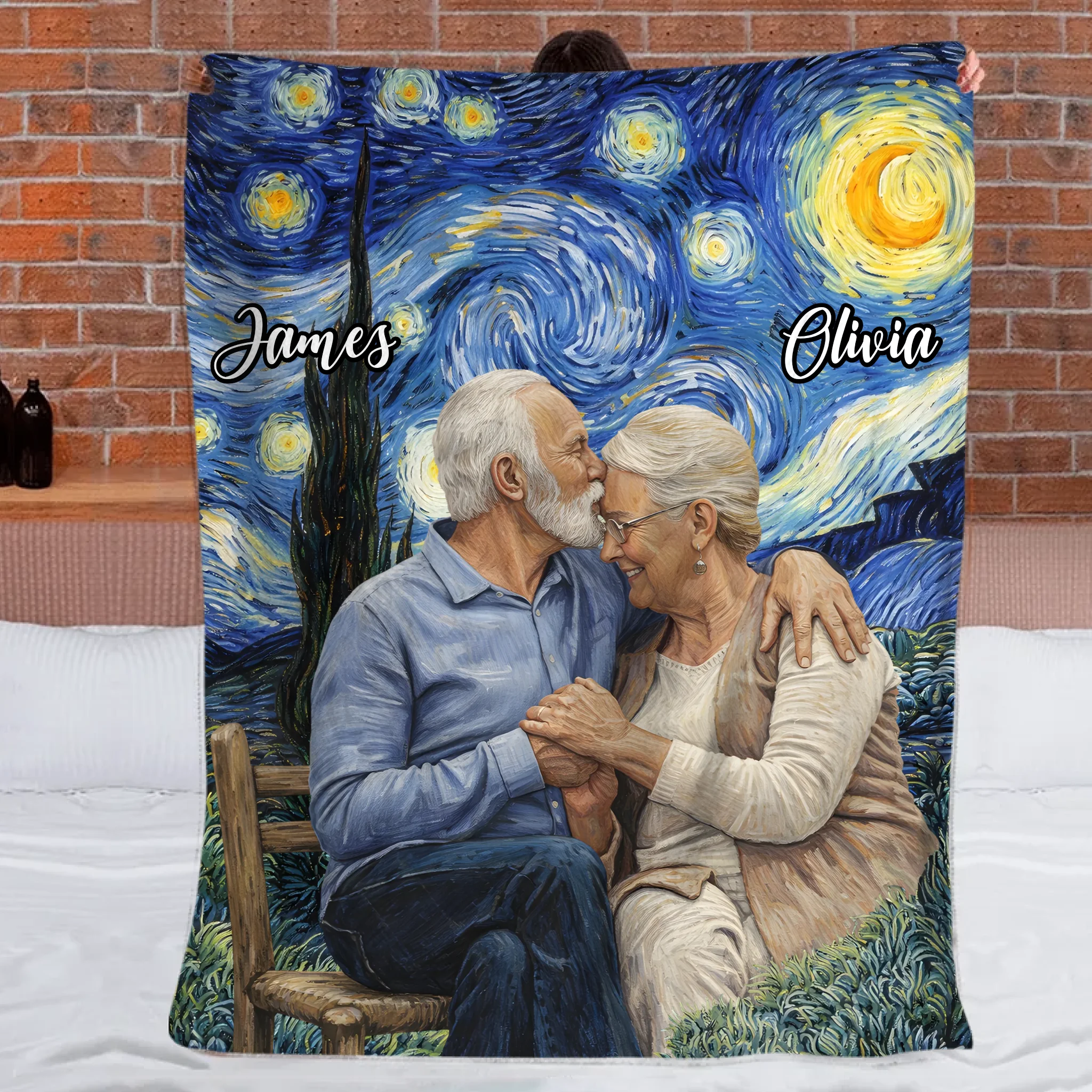 Impressionist Painting Starry Night Custom Blanket - Personalized Photo and Names - Gift for Couple, Him & Her