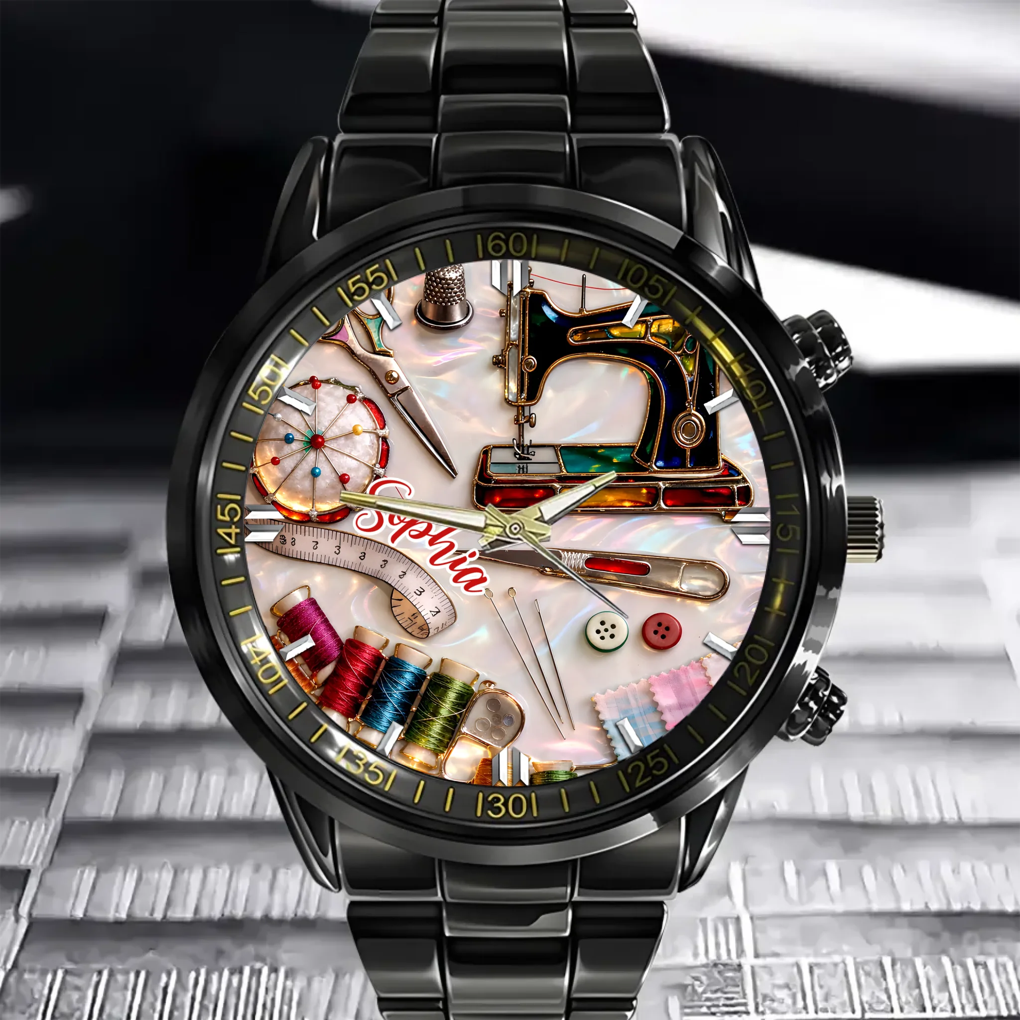 Custom Sewing Tools Watch - Personalized Name Watch - Gifts for Sewers, Tailors & Quilters