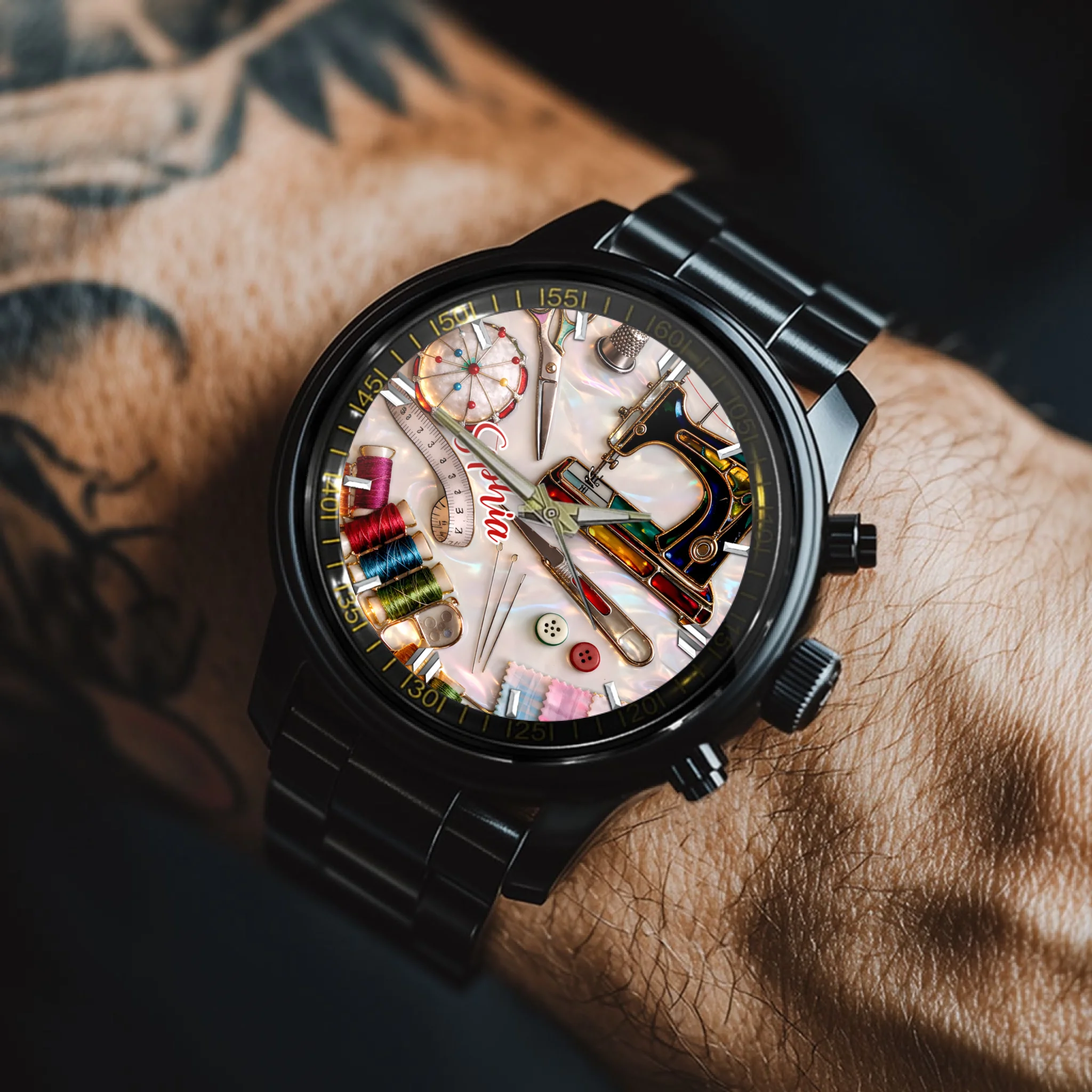 Custom Sewing Tools Watch - Personalized Name Watch - Gifts for Sewers, Tailors & Quilters