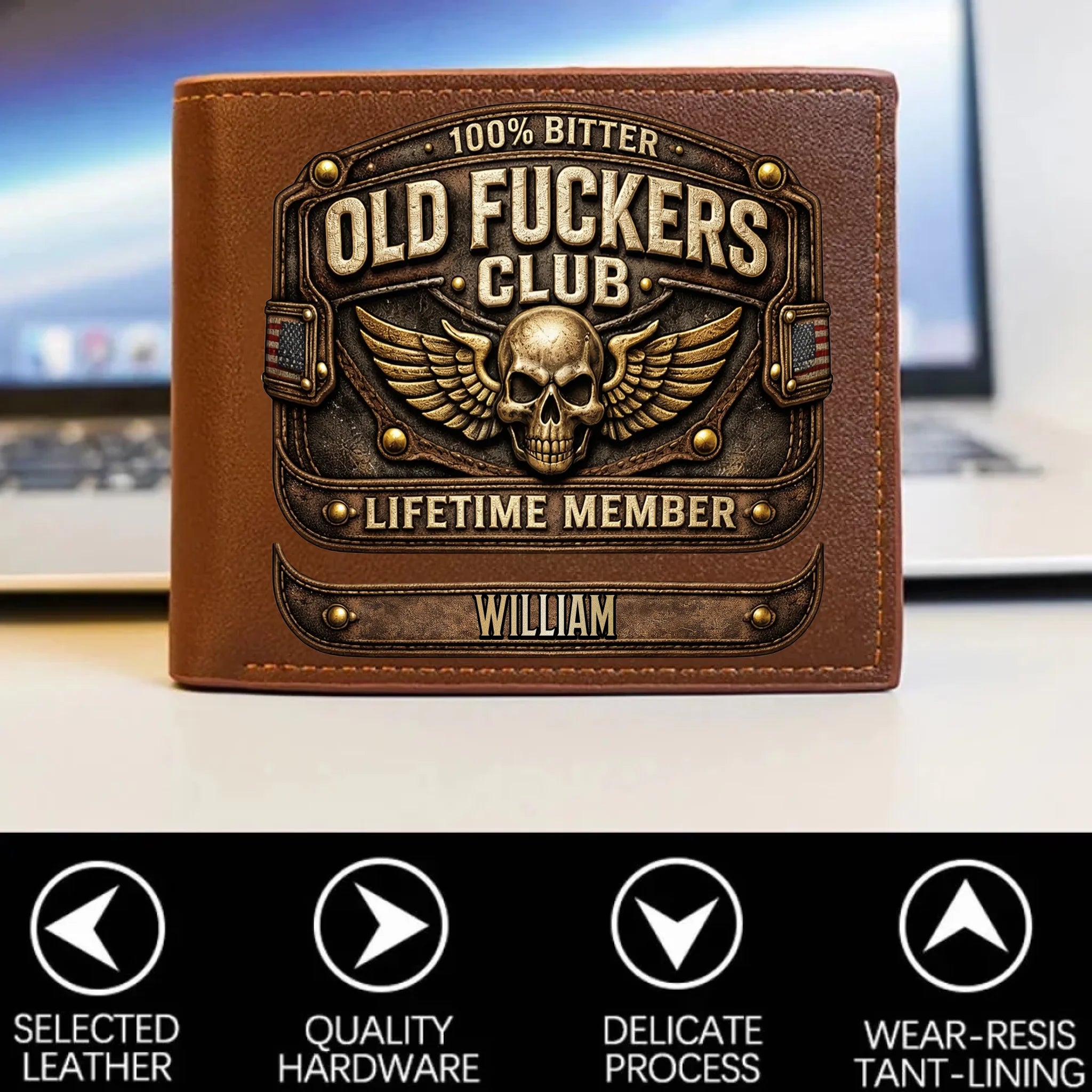 Vintage Military-Style Skull Badge Customized Wallet - Personalized Name - Gift For Tough Guys, Outdoor Lovers, Veterans